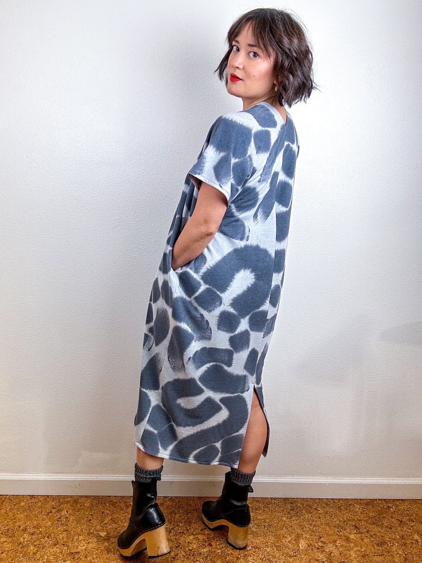 Hand-Dyed Midi Sweatshirt Smock Dress Graphite Doodle