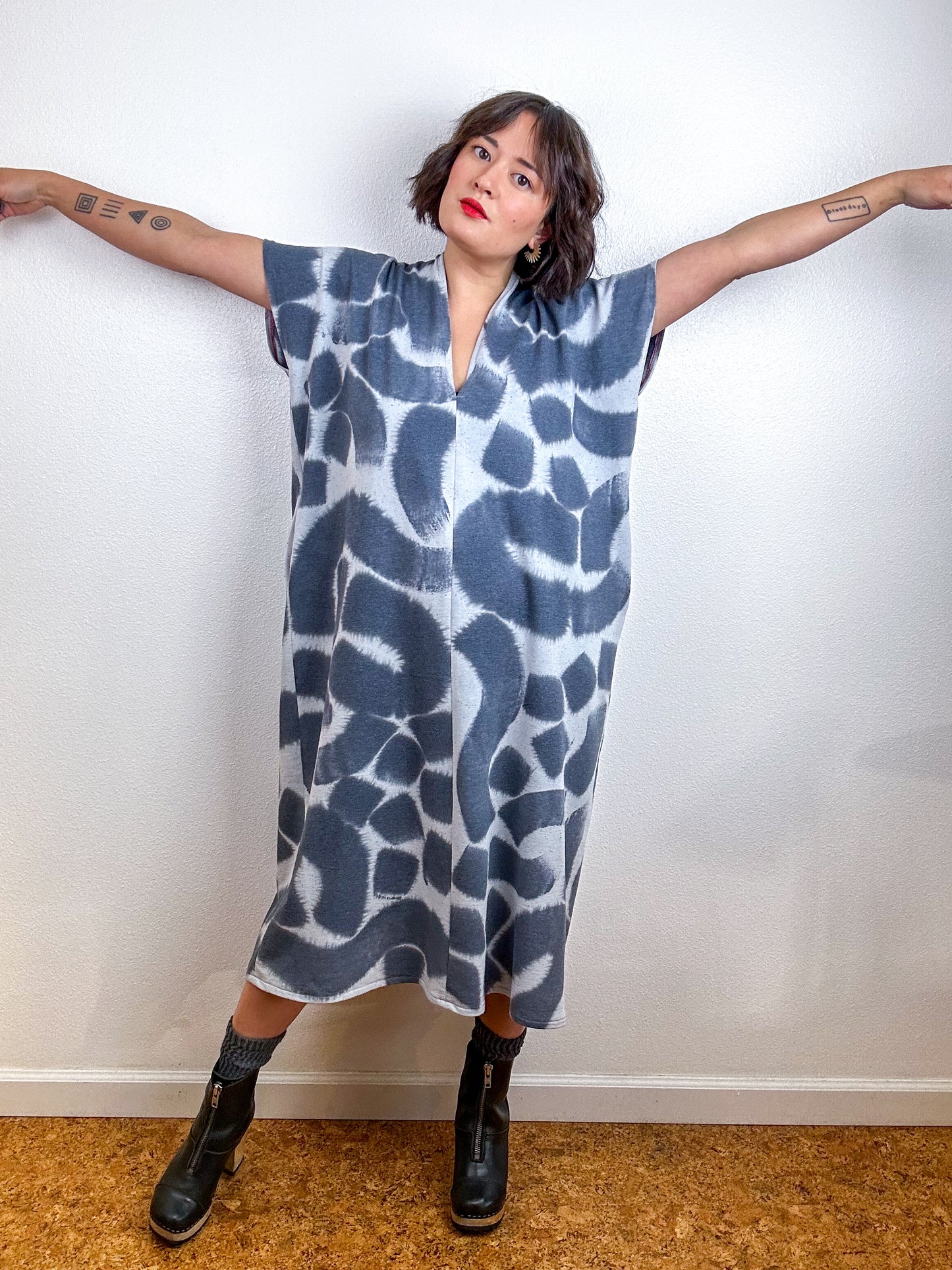 Hand-Dyed Midi Sweatshirt Smock Dress Graphite Doodle