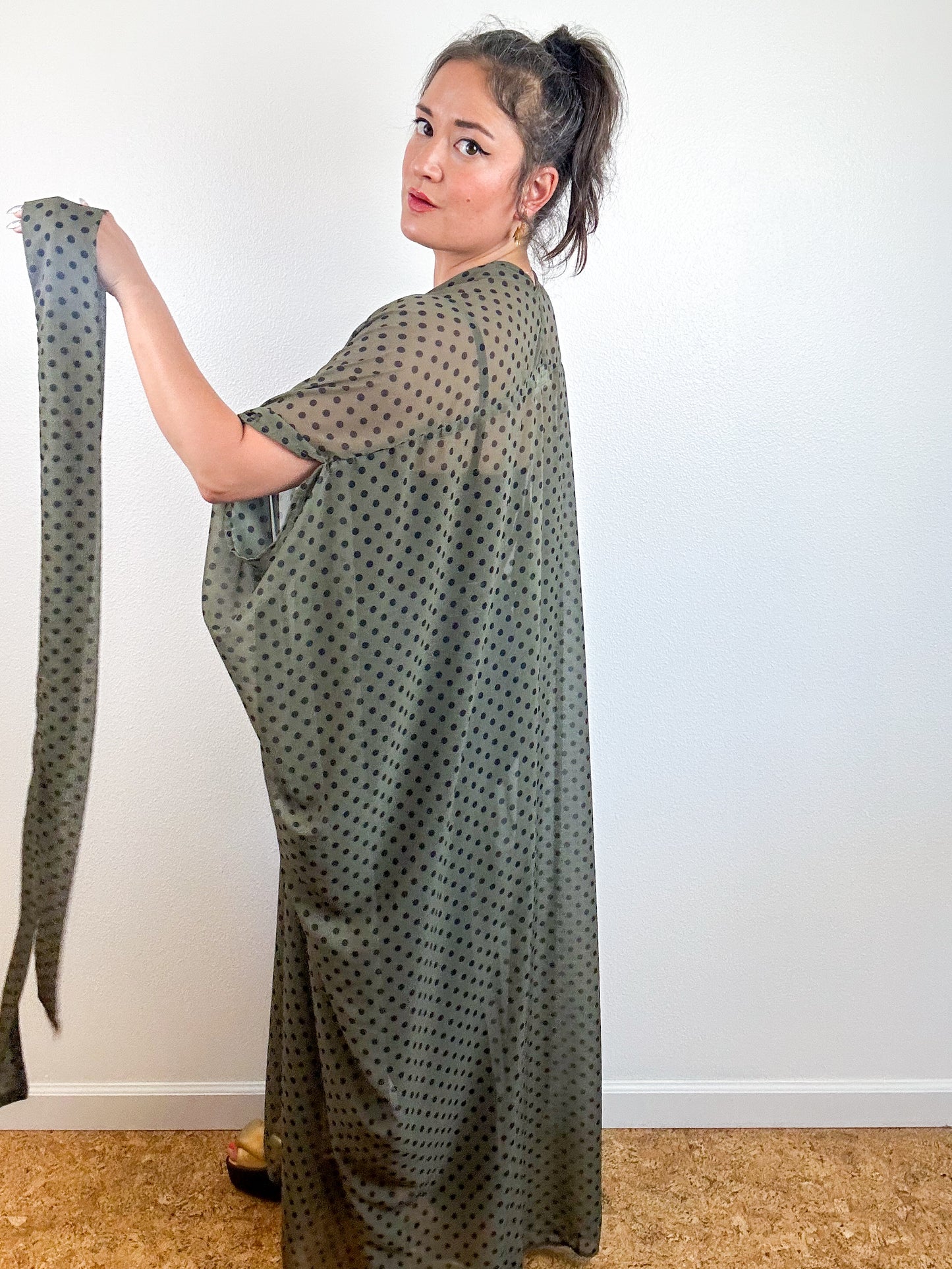 Print High Low Kimono Olive Polka Dots Chiffon