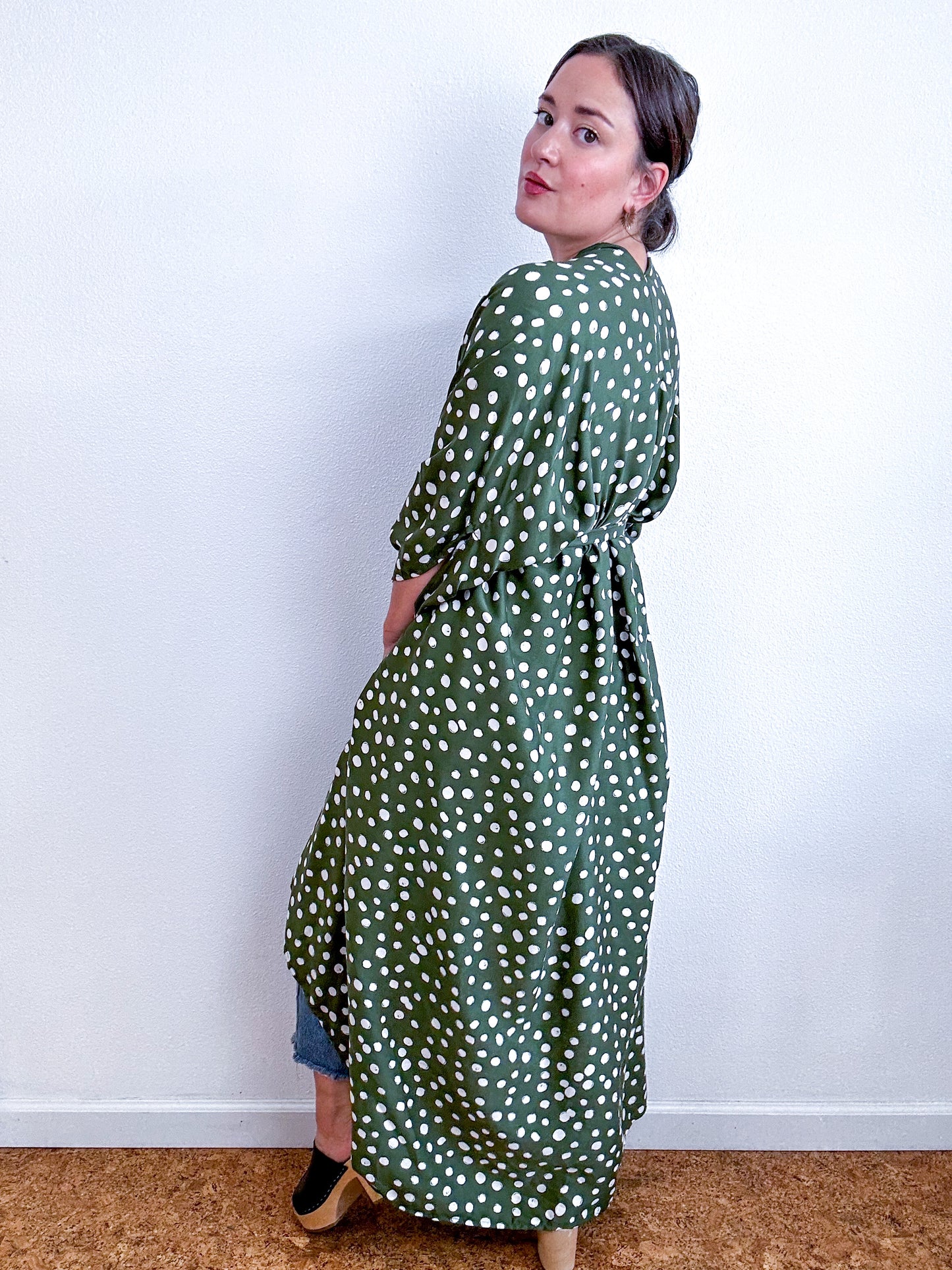 Print High Low Kimono Olive Ivory Dots Challis