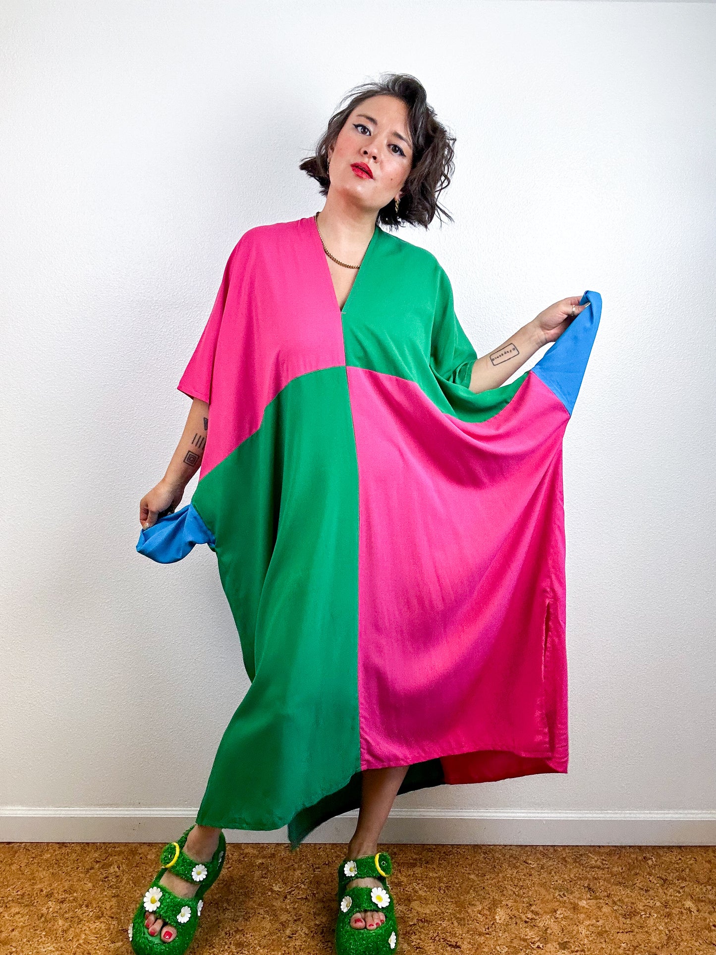 Color Block Midi Caftan Dress Green Magenta