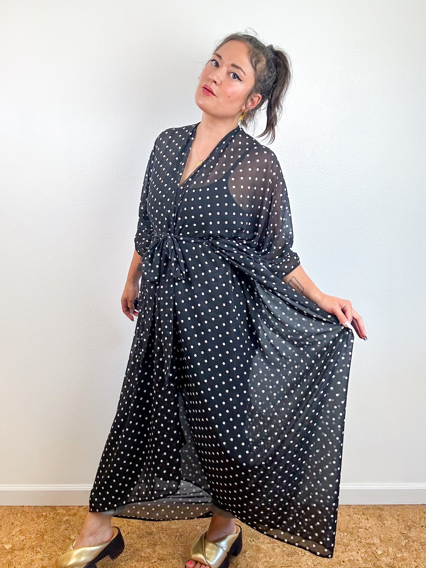 Print High Low Kimono Black Polka Dots Chiffon
