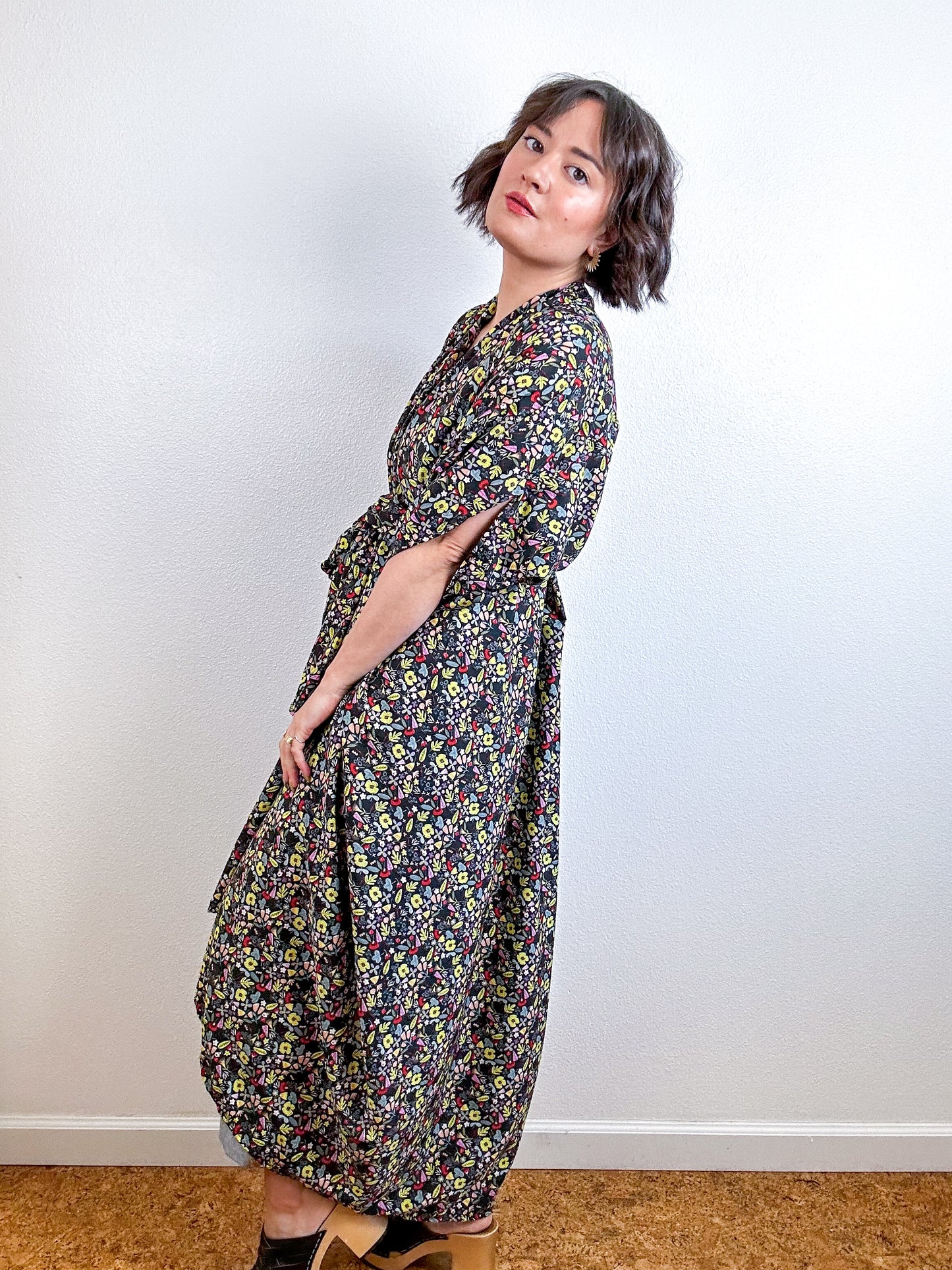 Print High Low Kimono Black Citron Mini Floral Crepe de Chine