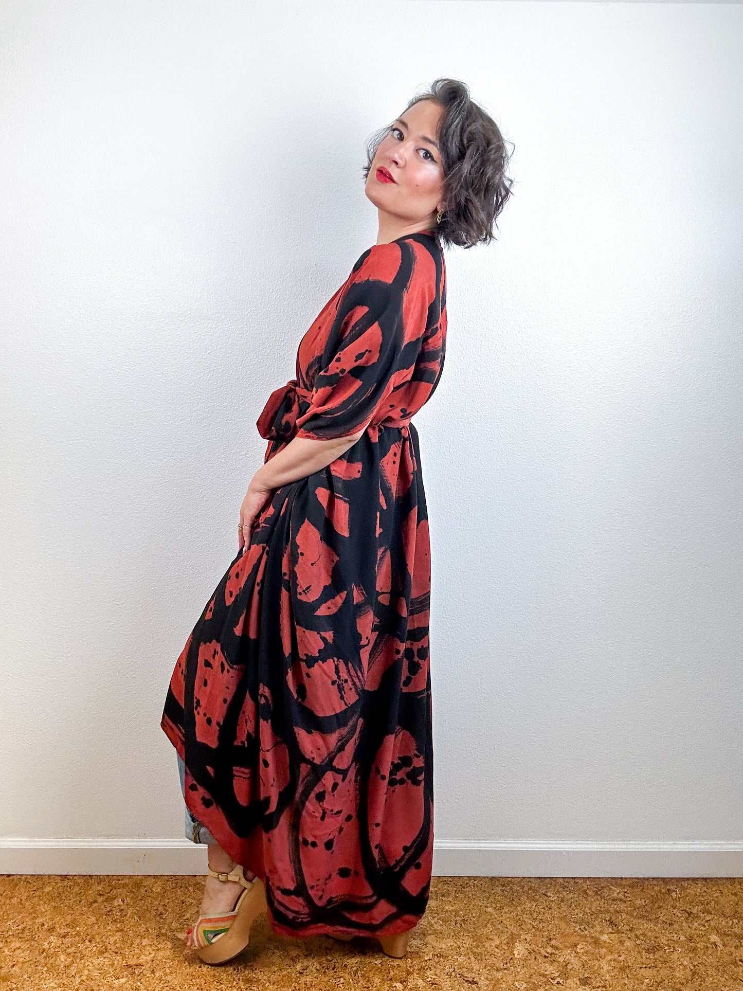 Hand-Dyed High Low Kimono Rust Black Sumi