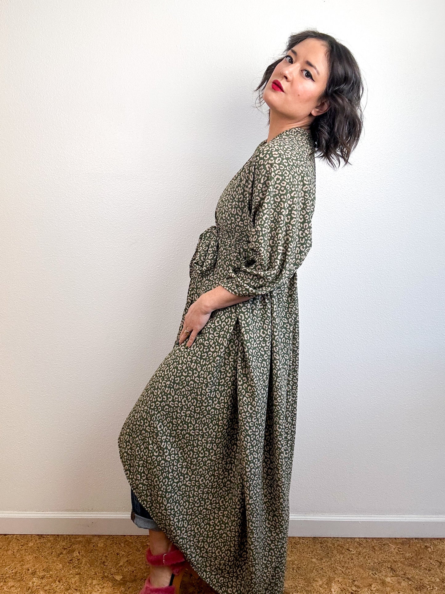 Print High Low Kimono Olive Leopard Bubble Crepe