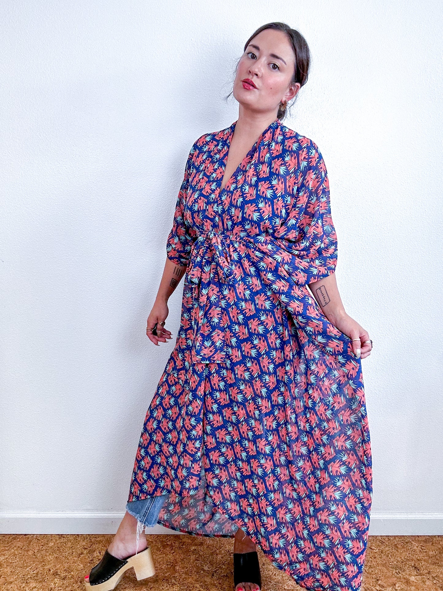 Print High Low Kimono Blue Scarlet Feather Chiffon