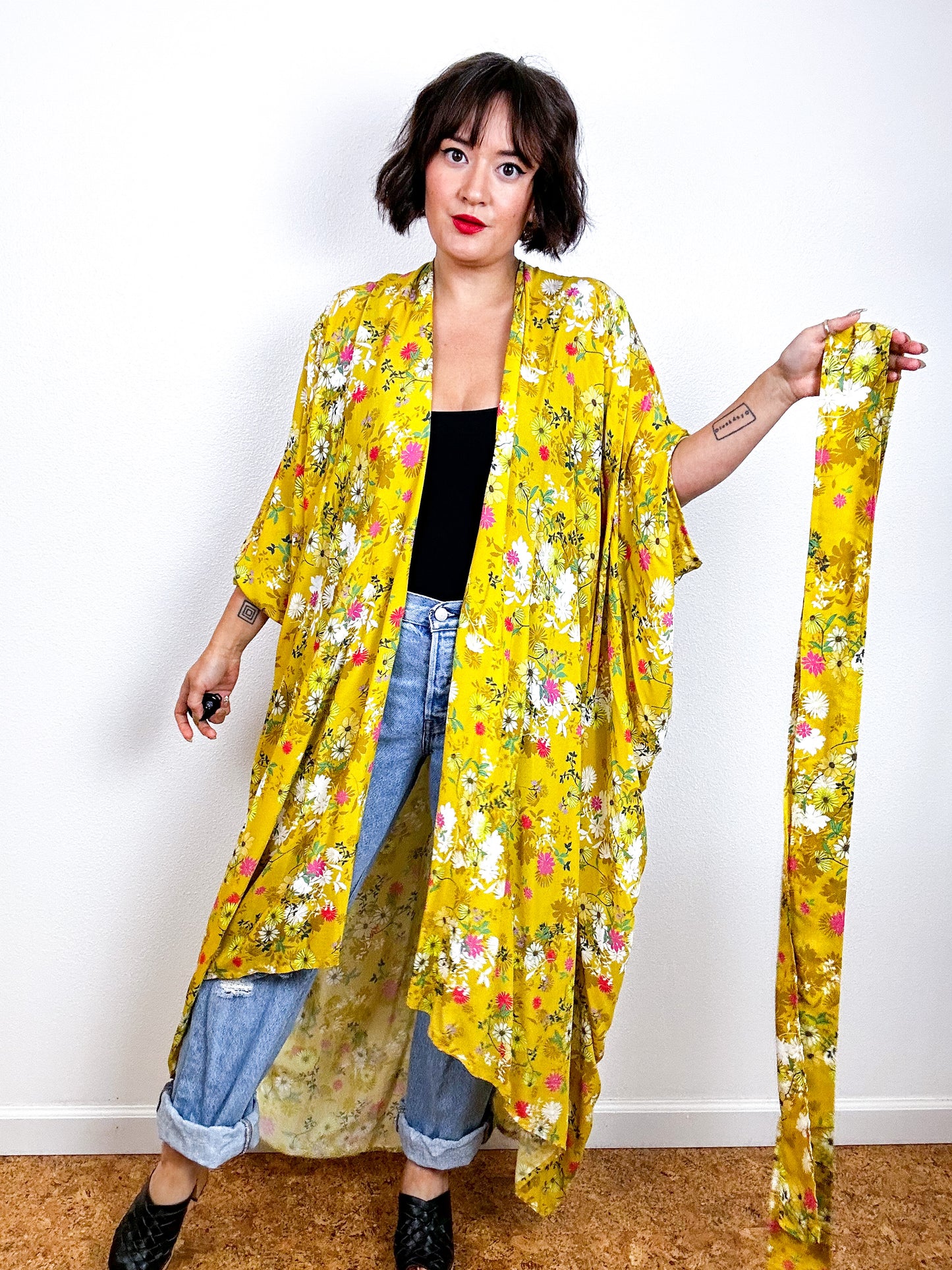 Print High Low Kimono Yellow Wildflower Challis