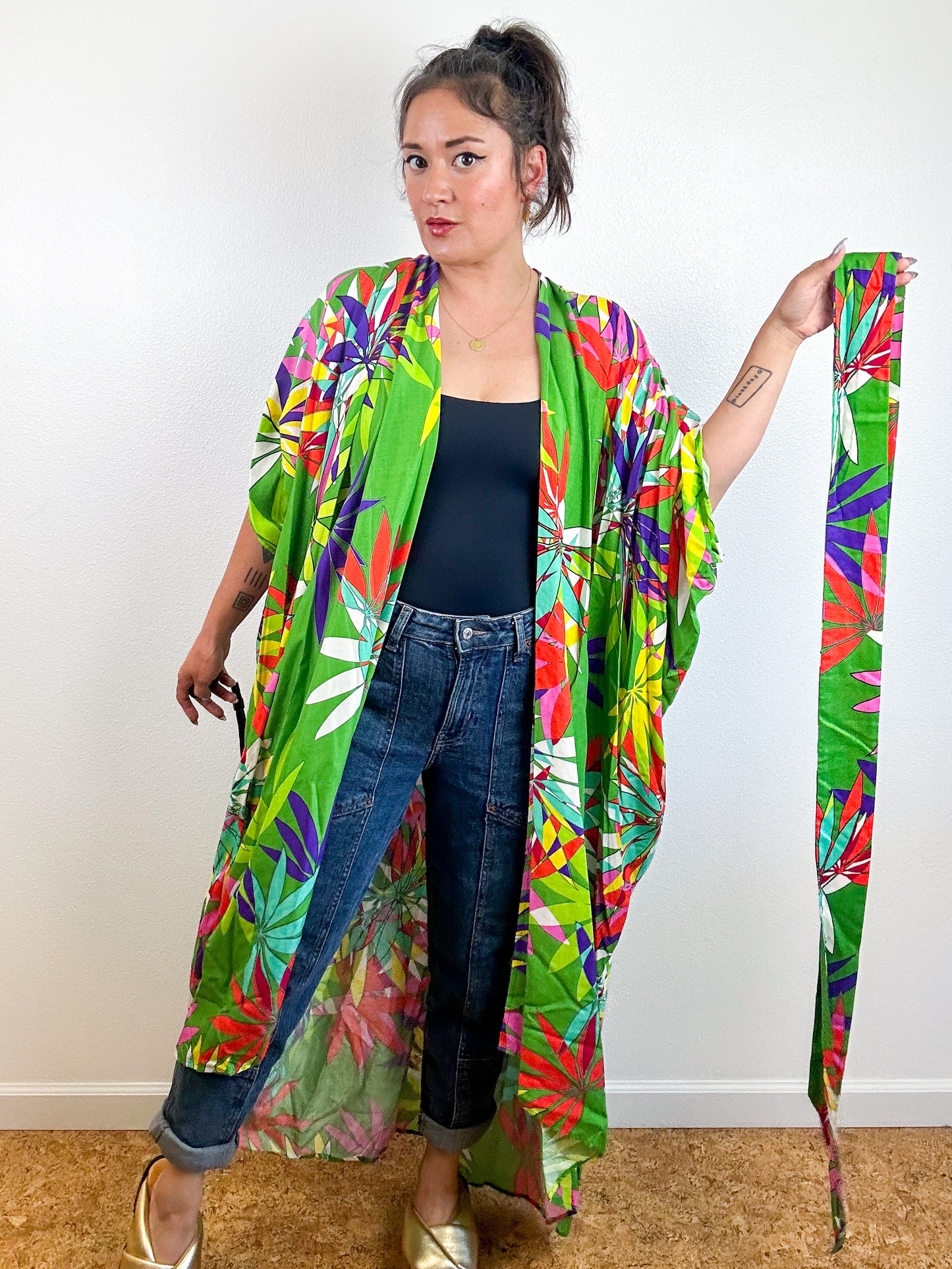 Print High Low Kimono Lime Tropical Challis