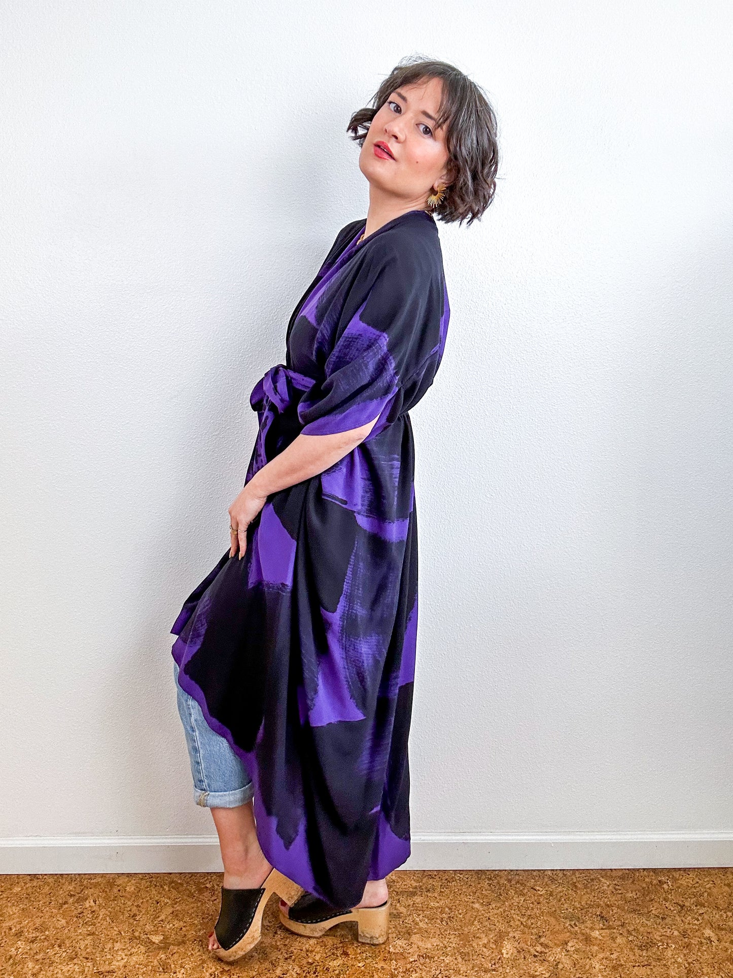 Hand-Dyed High Low Kimono Purple Black Arc