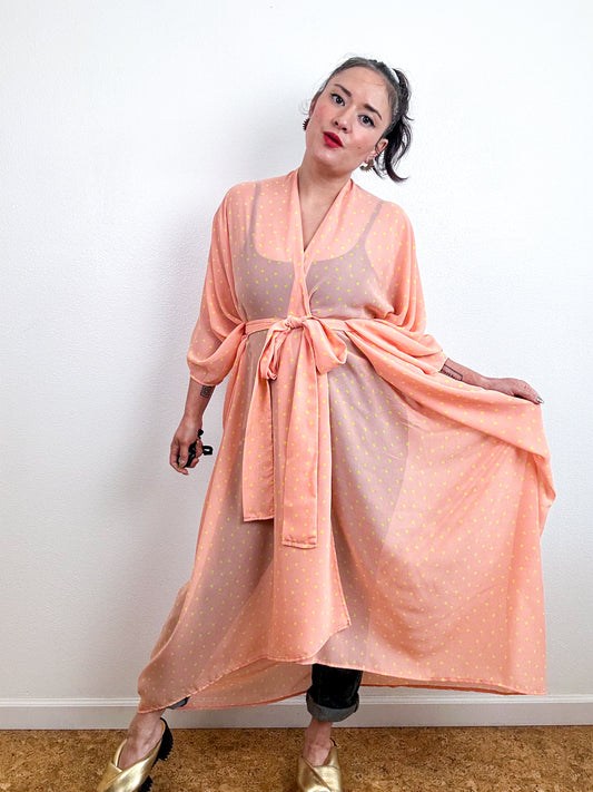 Print High Low Kimono Peach Yellow Mini Hearts Chiffon
