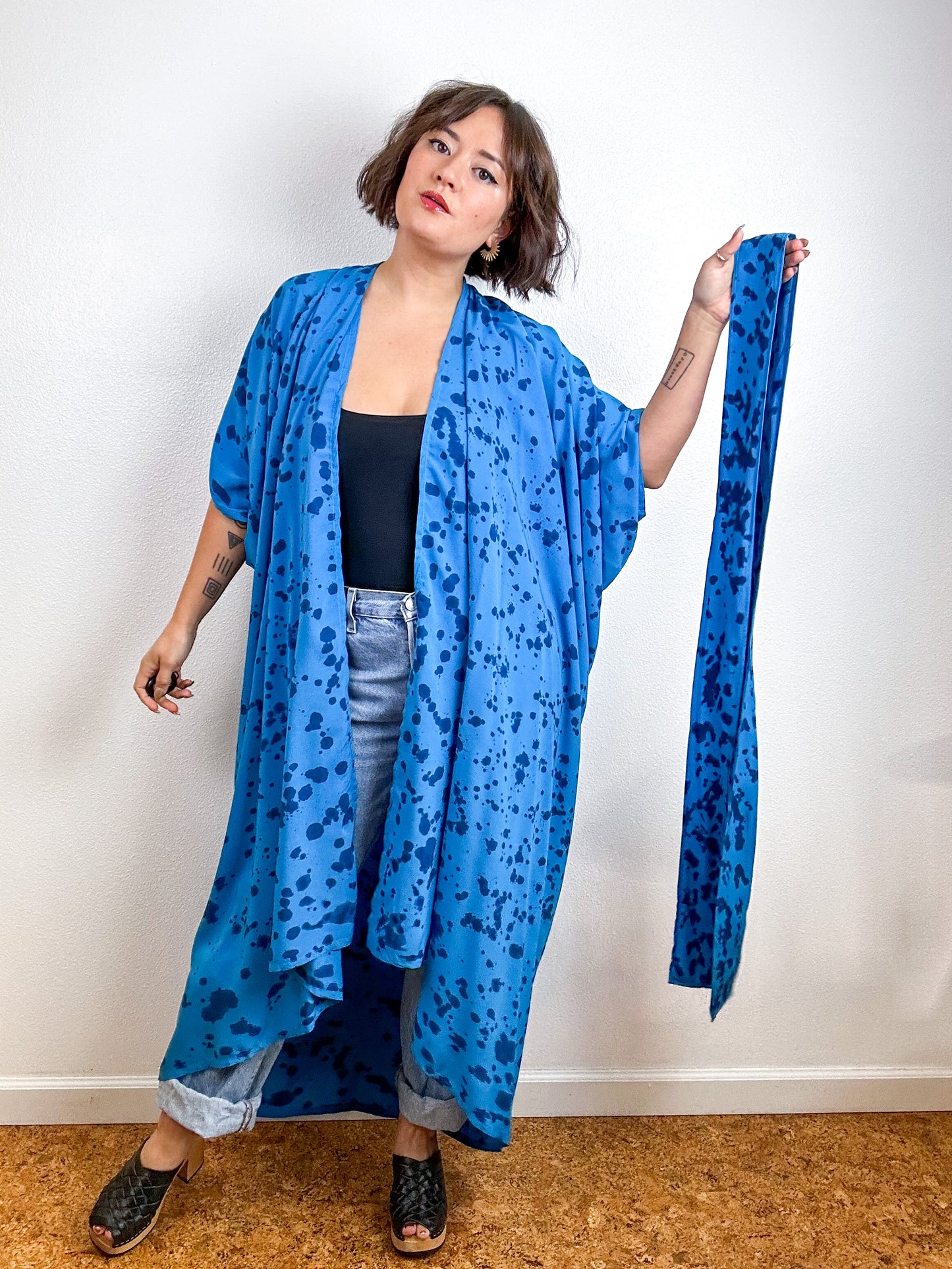 Hand-Dyed High Low Kimono Turquoise Indigo Speckle