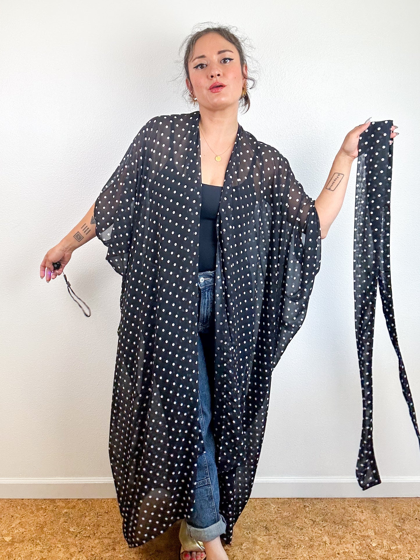 Print High Low Kimono Black Polka Dots Chiffon