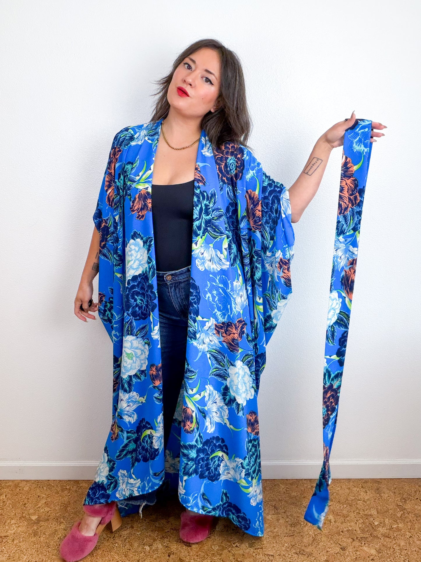 Print High Low Kimono Royal Blue Floral Bubble Crepe