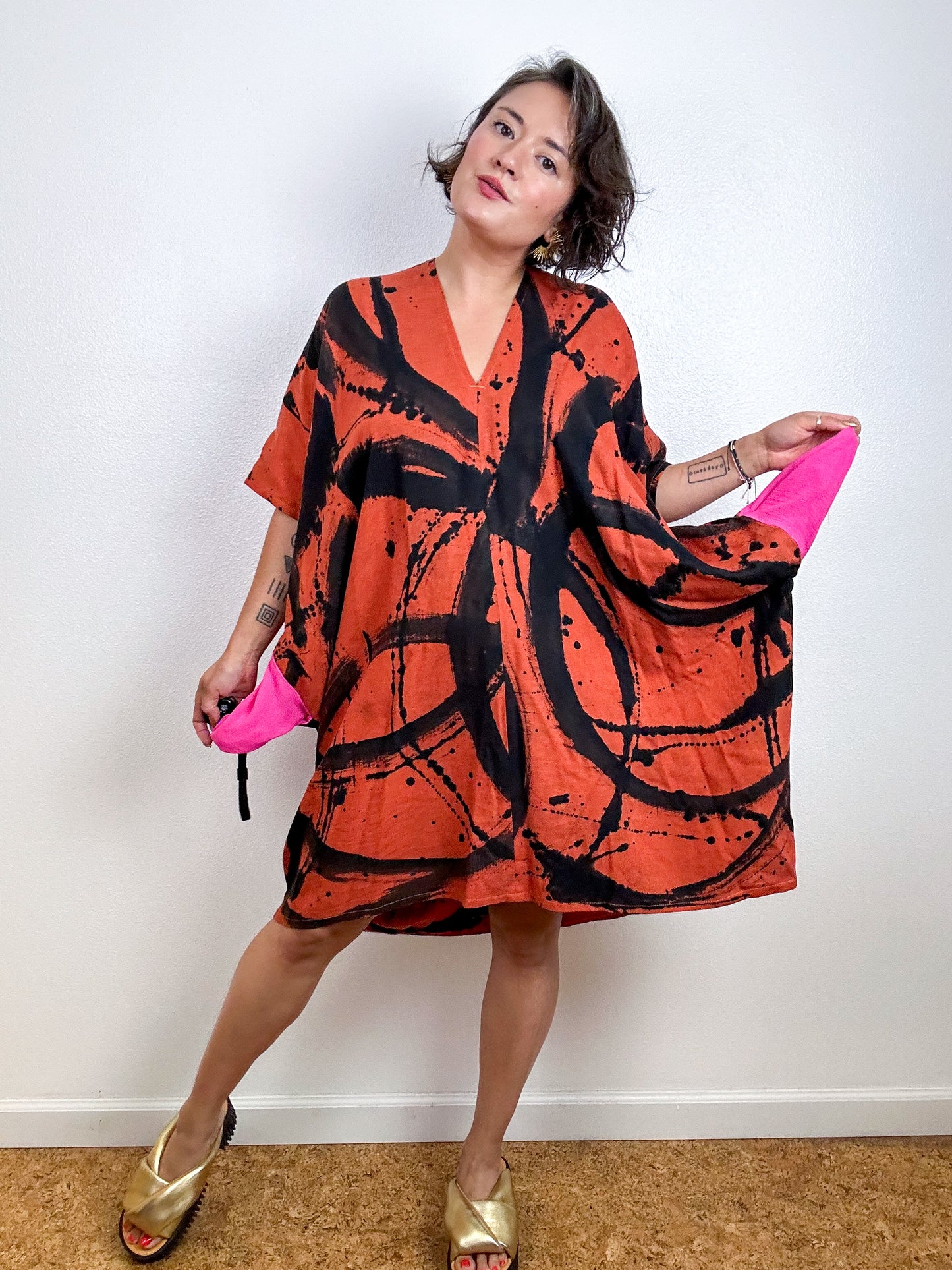 Oversized Hand-Dyed Linen Blend Smock Dress Rust Sumi