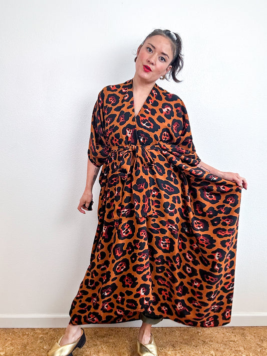 Print High Low Kimono Copper Leopard Georgette