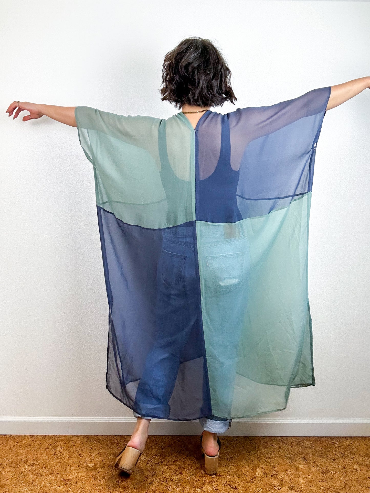 SILK Color Block Midi Caftan Dress Steel Sage