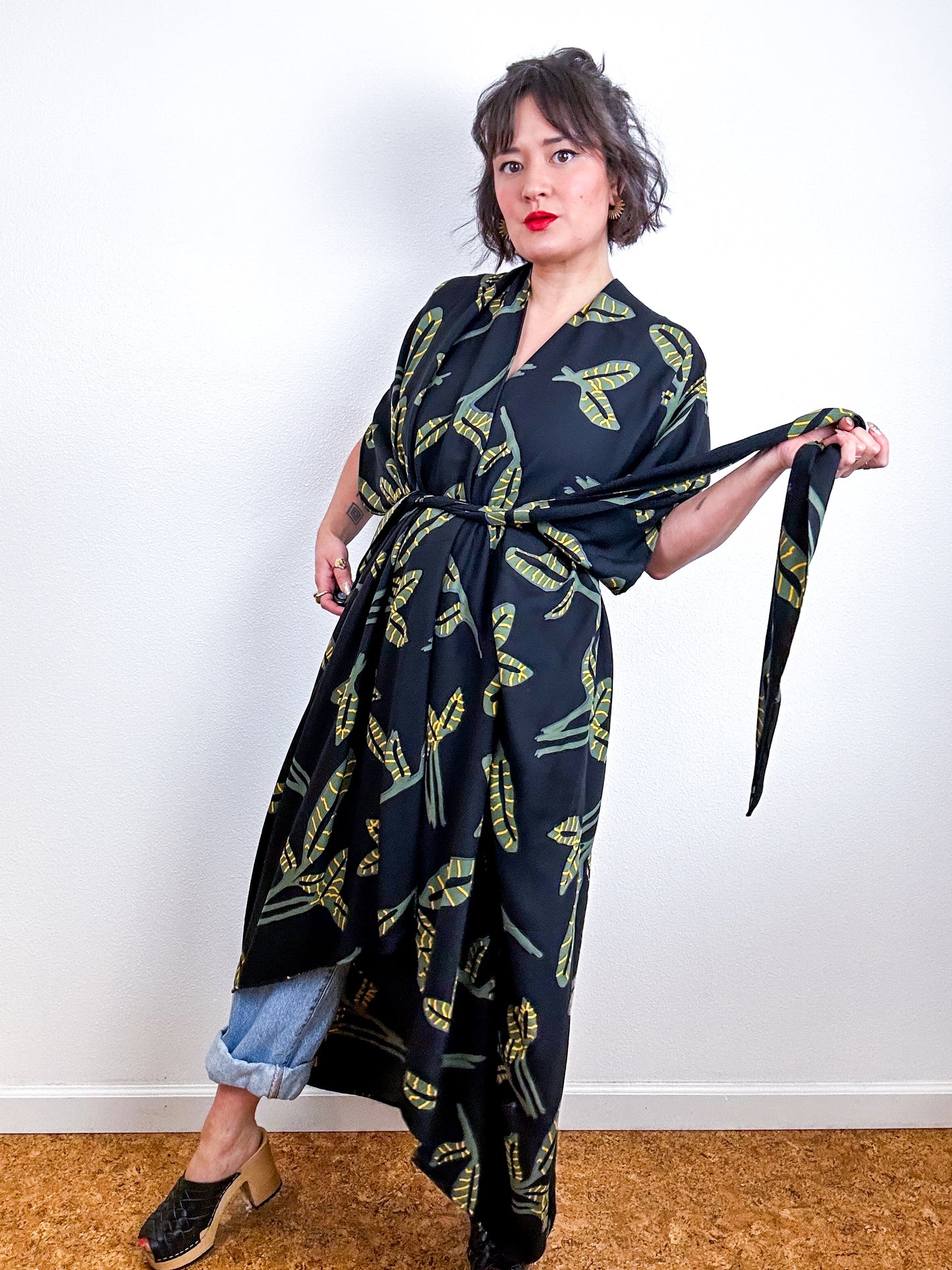 Print High Low Kimono Black Leaf Challis