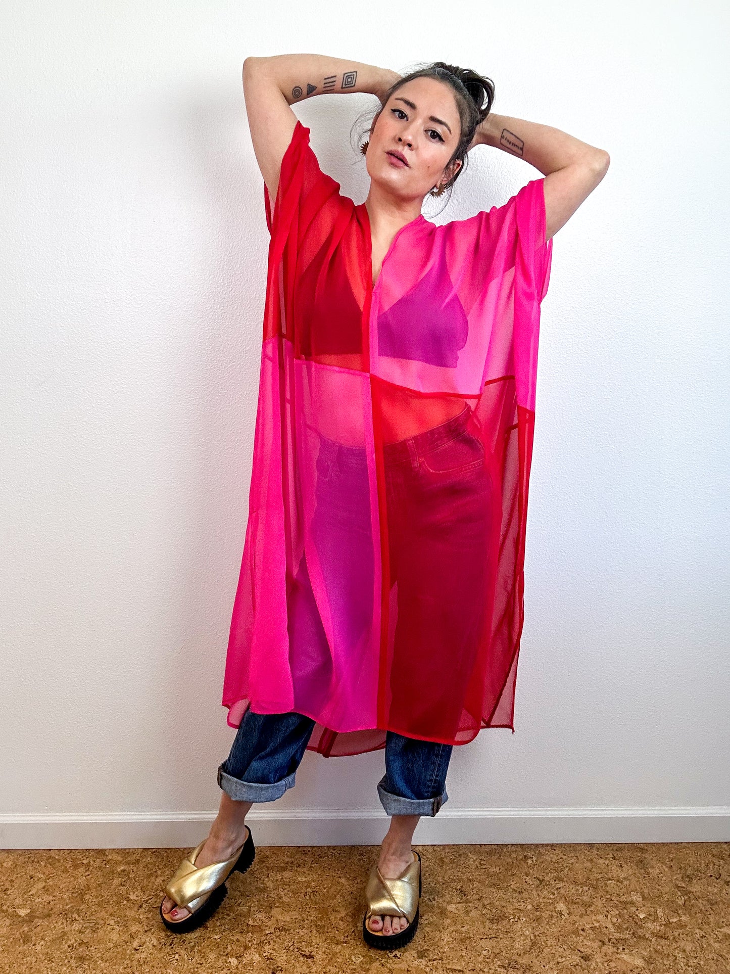 SILK Color Block Midi Caftan Dress Fuchsia Red