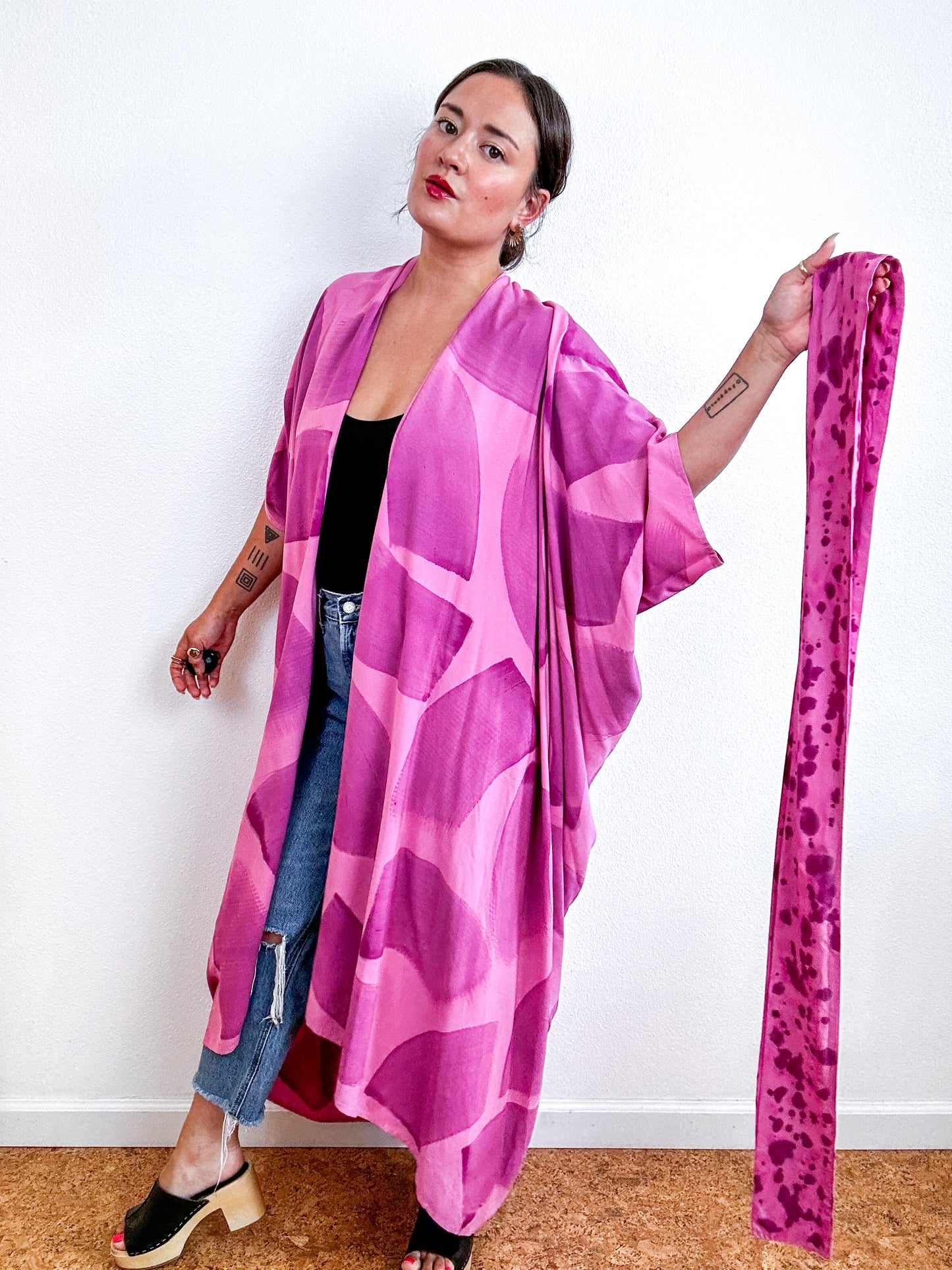 Hand-Dyed High Low Kimono Pink Amethyst Brush
