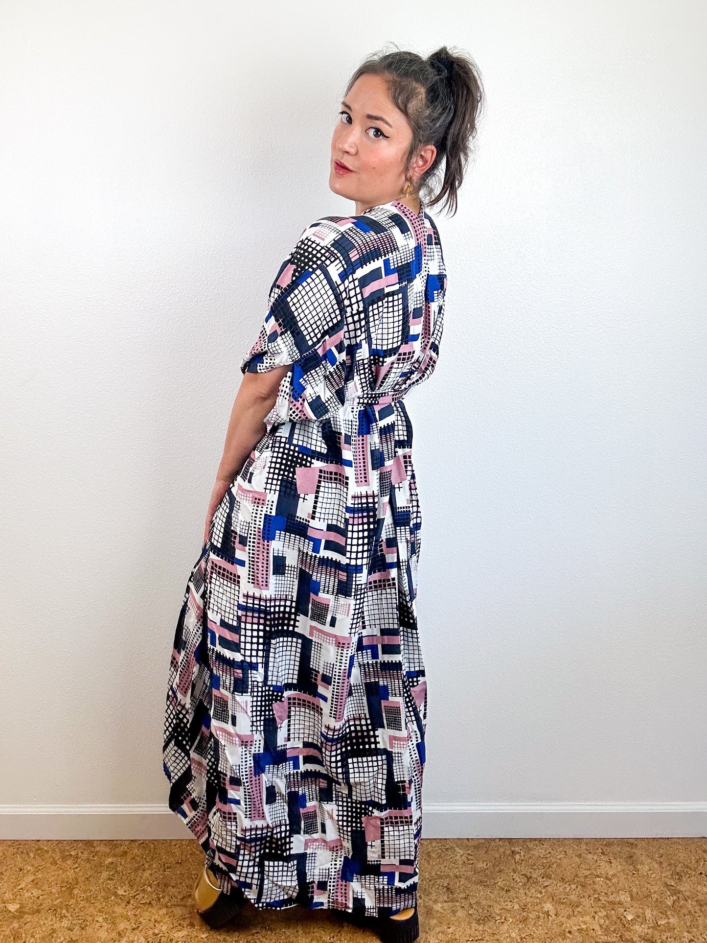 Print High Low Kimono Blue Pink Grid Challis
