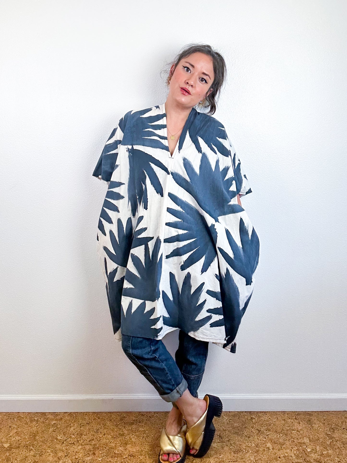 Hand-Dyed Knee Caftan Dress Ivory Black Palms