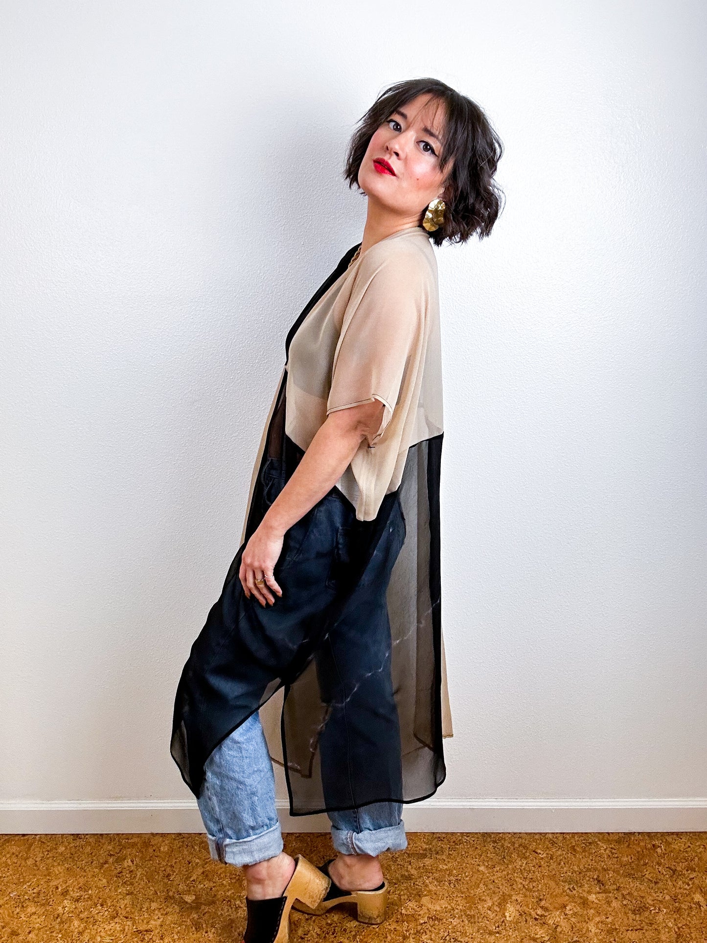 SILK Color Block Midi Caftan Dress Fawn Black