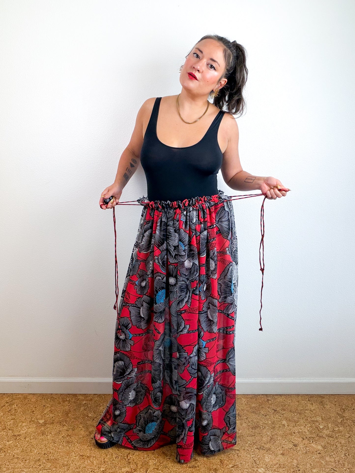 THE SKIRT Red Poppy Black Floral Reversible Chiffon