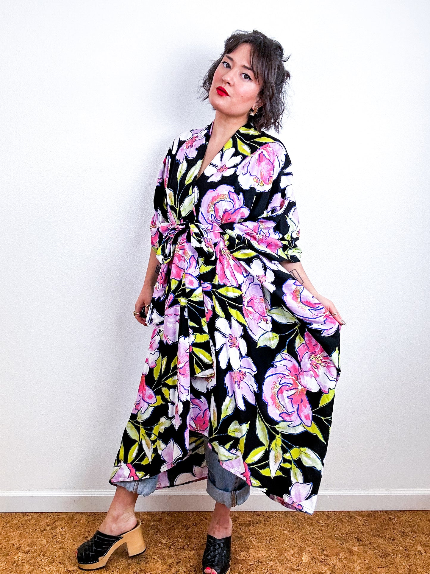 Print High Low Kimono Black Pink Peony Challis