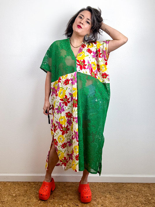 Color Block Midi Caftan Dress Green Lace Red Floral