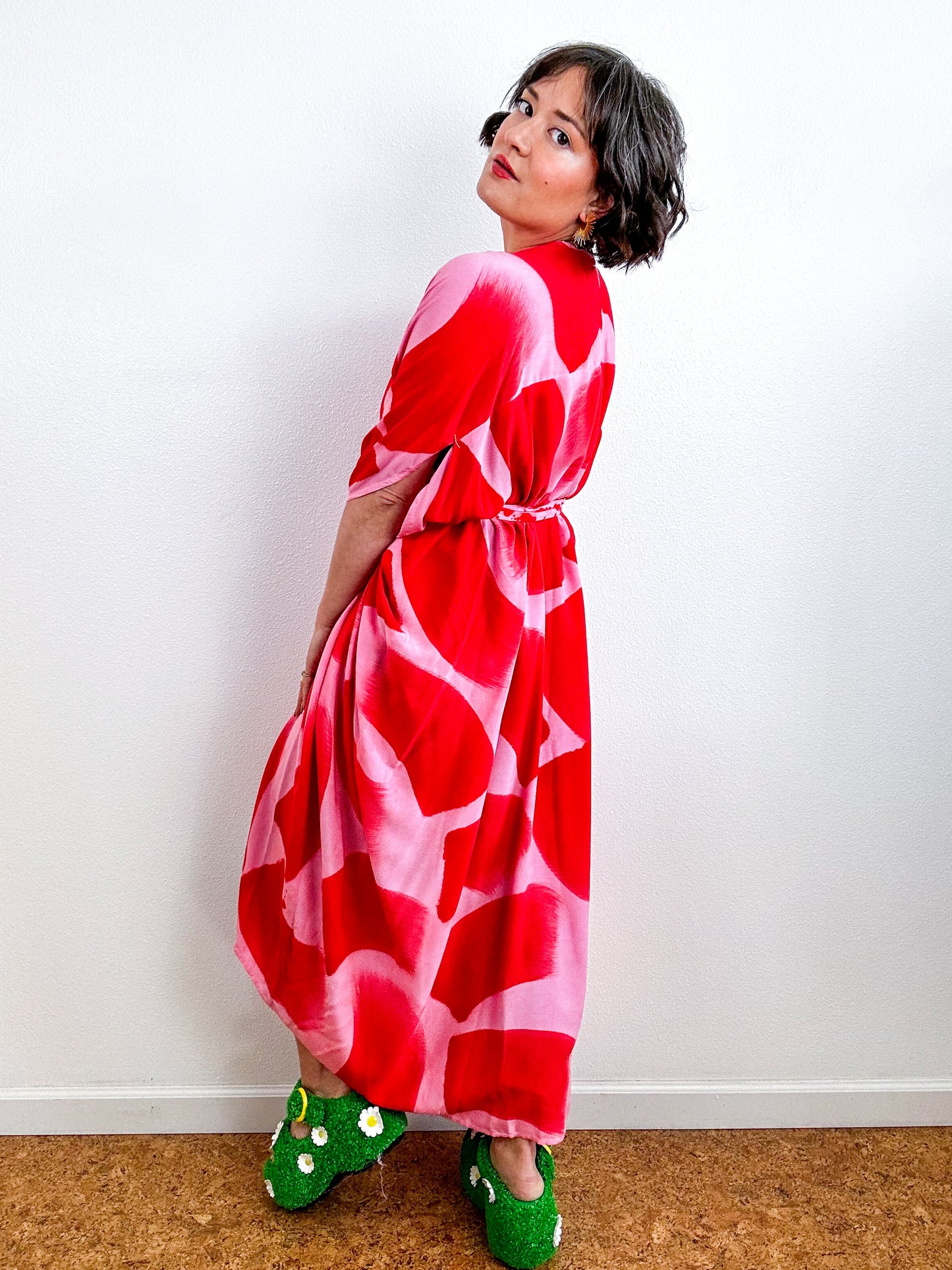 Hand-Dyed High Low Kimono Pink Scarlet Brush
