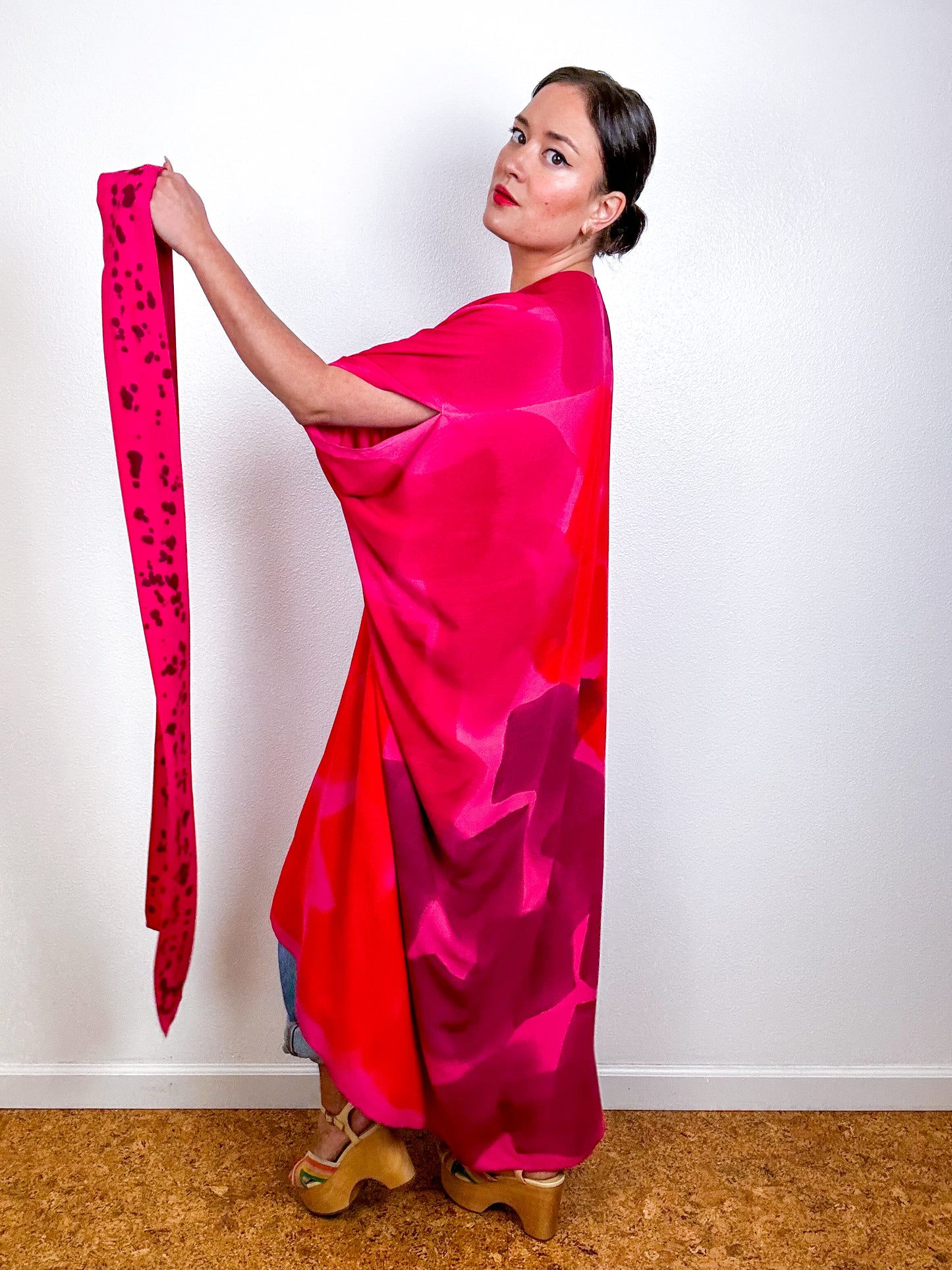 Hand-Dyed High Low Kimono OOAK Fuchsia 1
