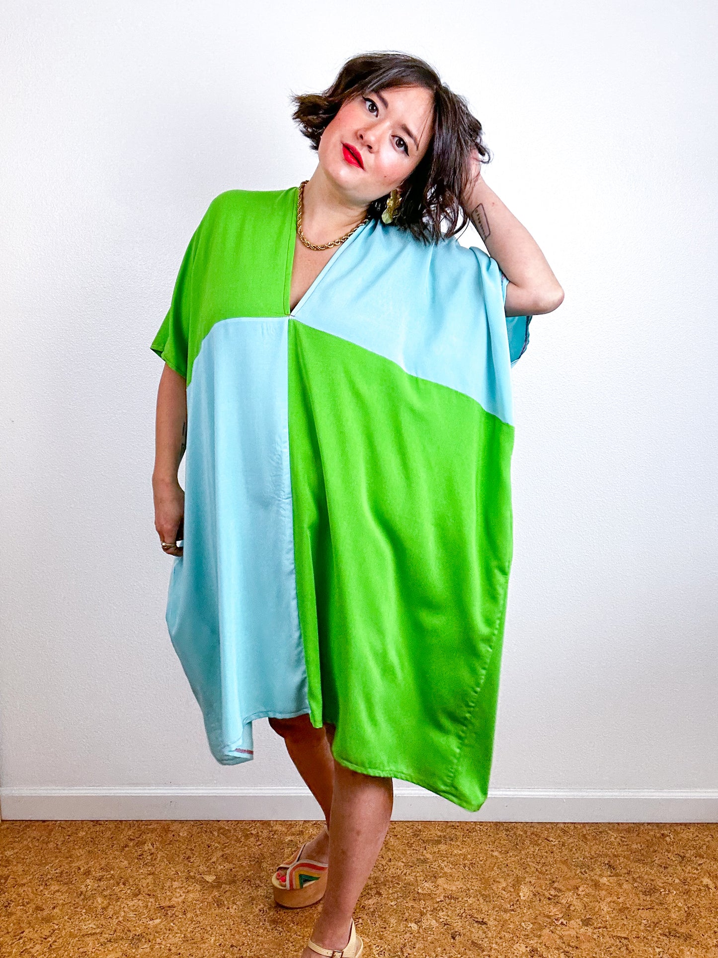Color Block Mini Caftan Dress Lime Aqua