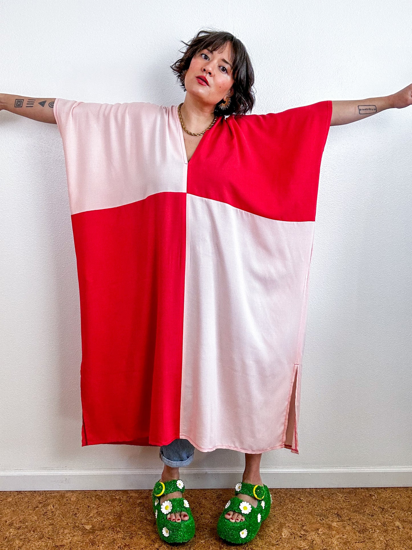 Color Block Midi Caftan Dress Scarlet Blush