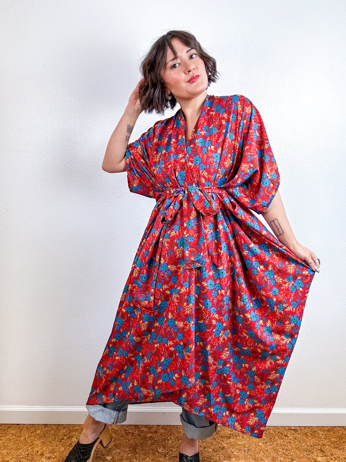 Print High Low Kimono Red Mini Floral Crepe de Chine
