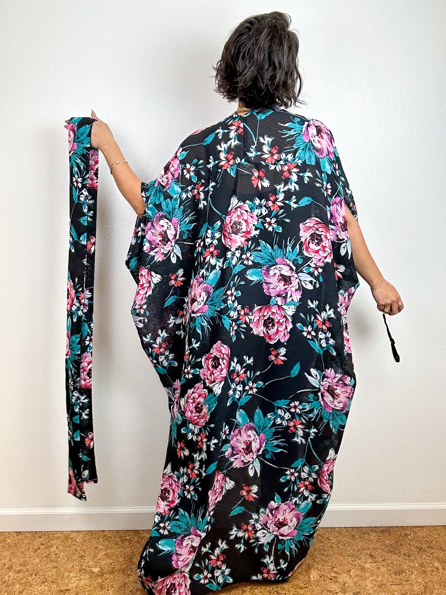 Print High Low Kimono Black Pink Floral Chiffon