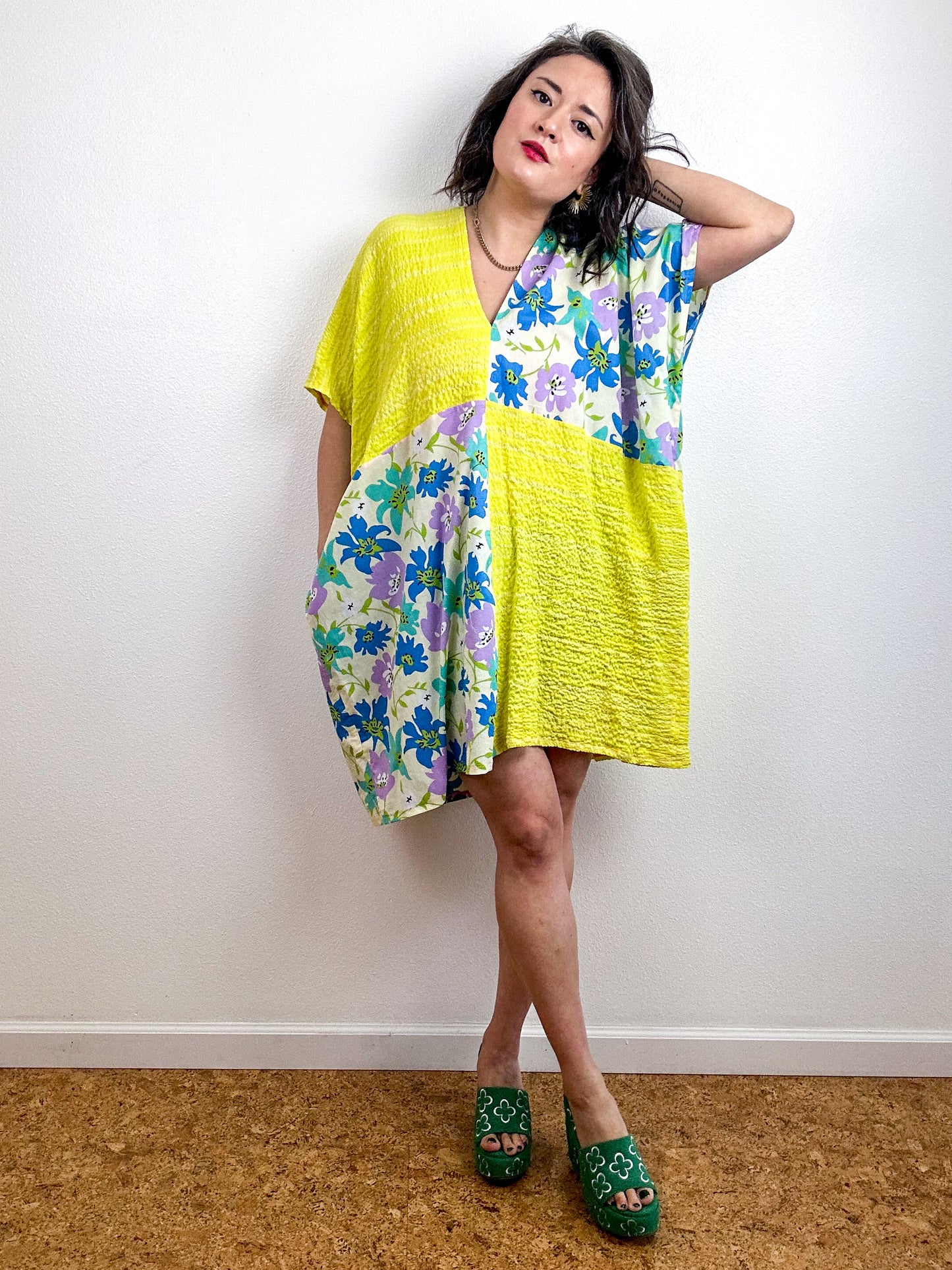 Color Block Mini Caftan Dress Blue Floral Citron Stripe