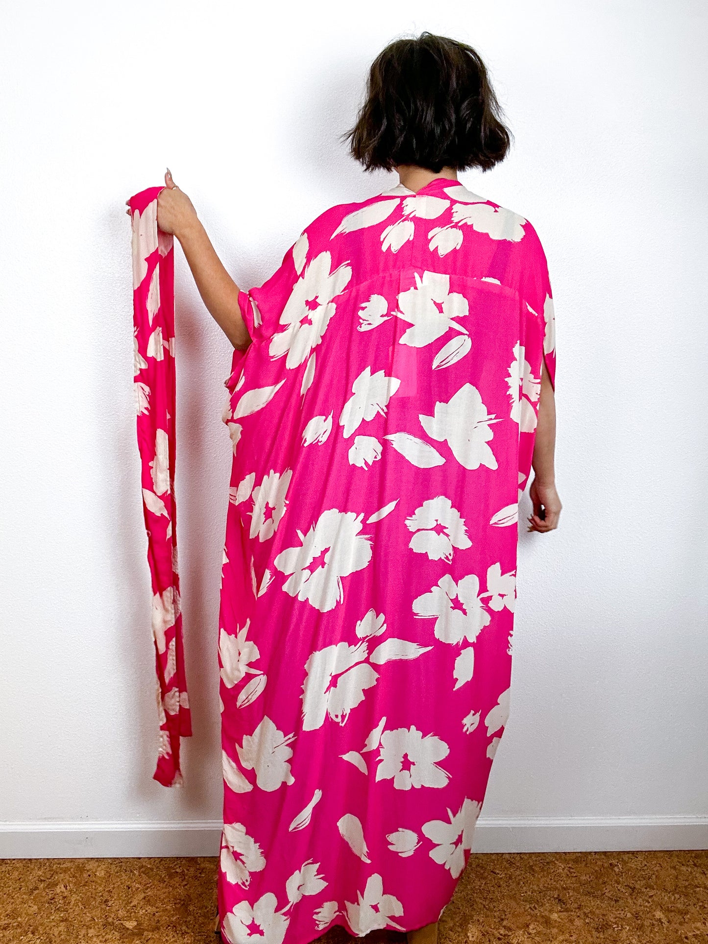 Print High Low Kimono Hot Pink Floral Crinkle Challis