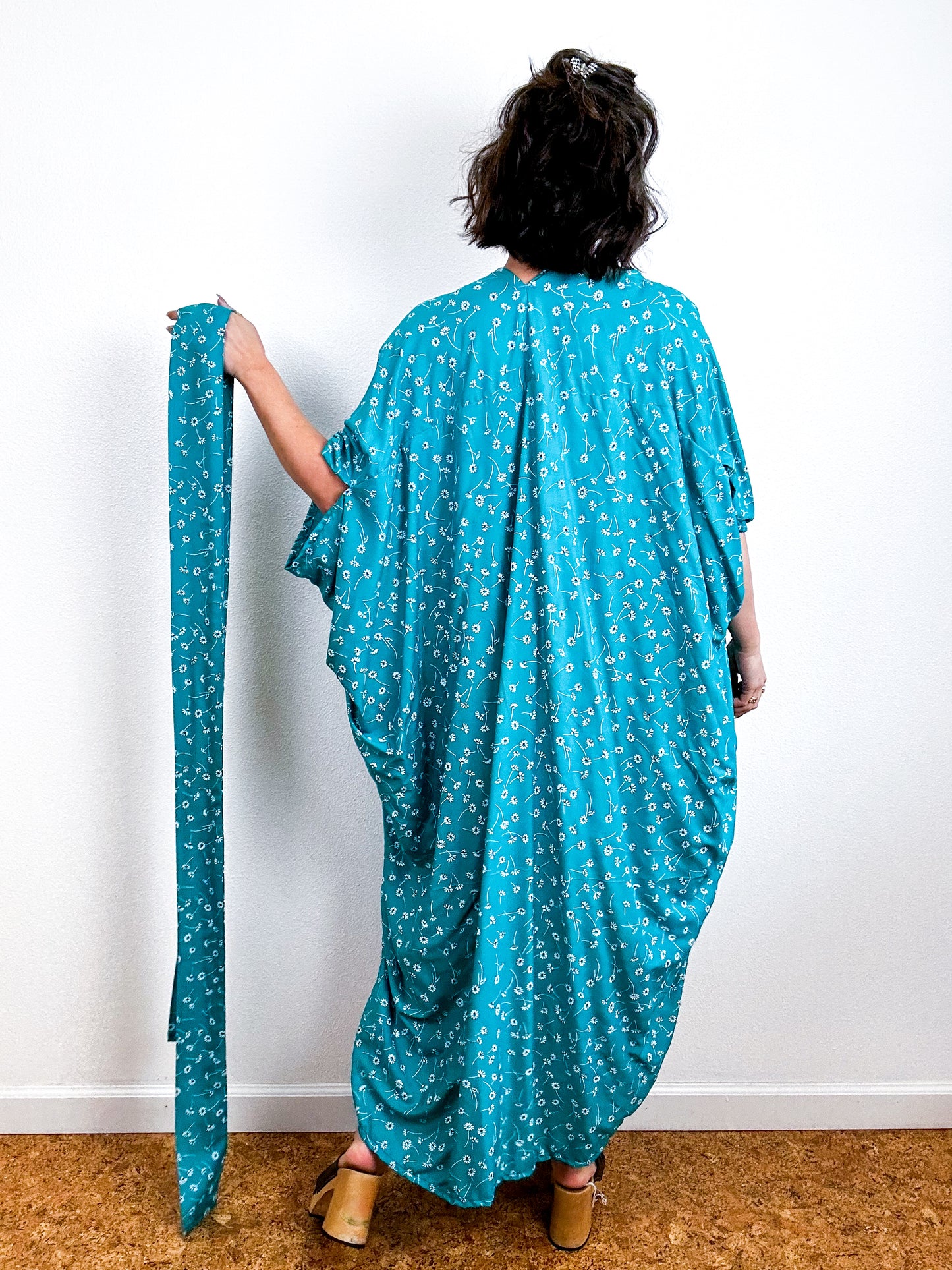 Print High Low Kimono Teal Daisy Challis