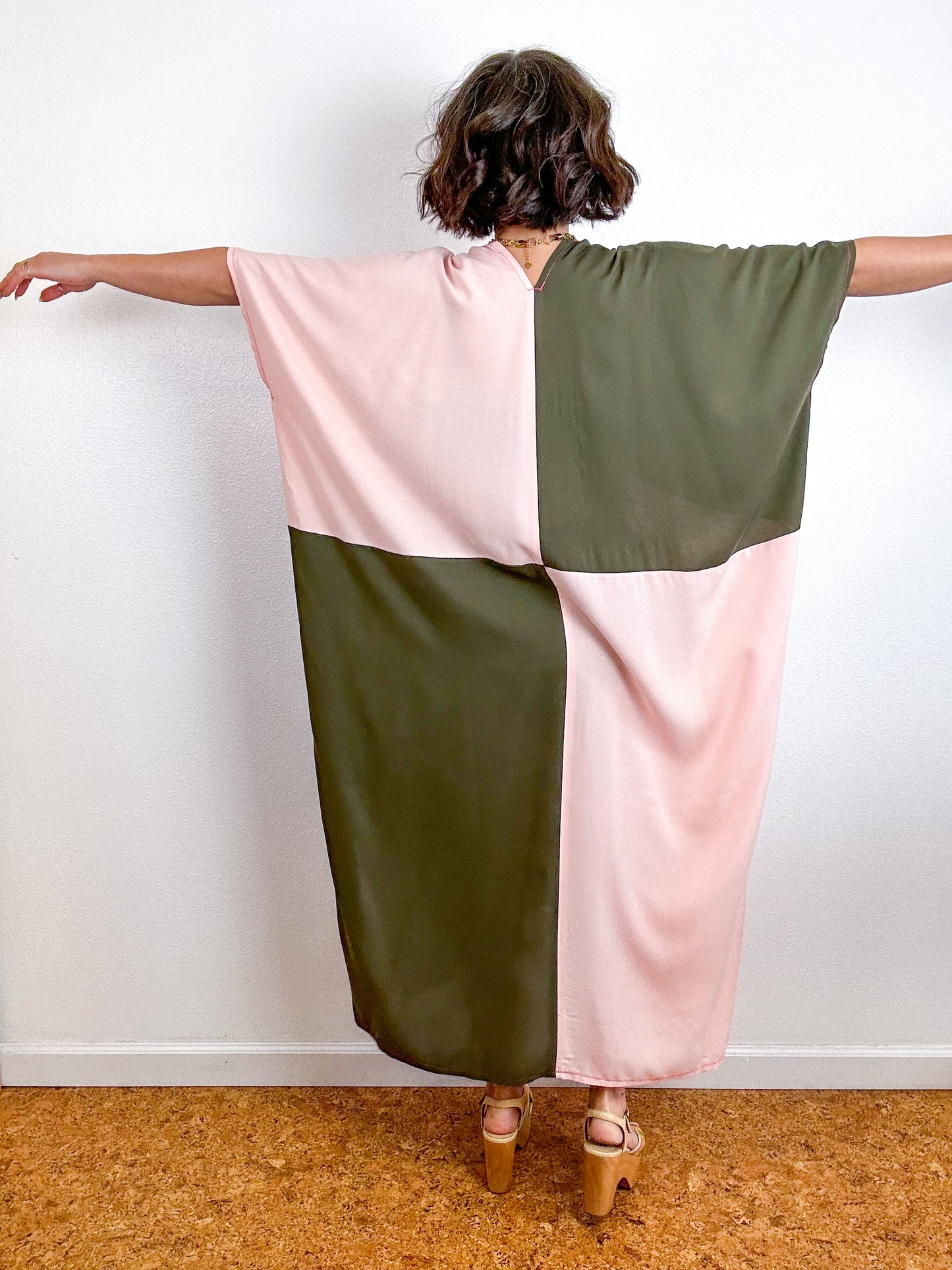 Color Block Midi Caftan Dress Olive Blush