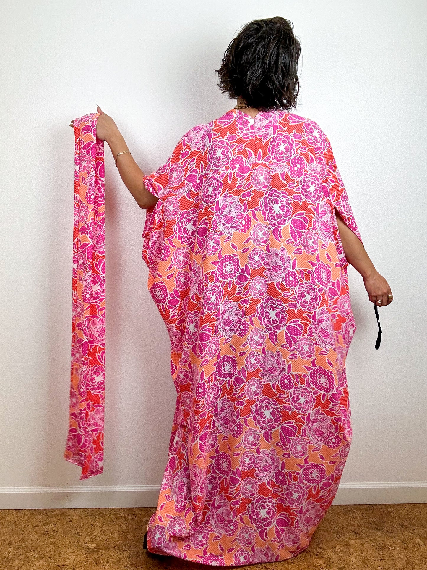 High Low Kimono Pink Orange Floral Dots Bubble Crepe