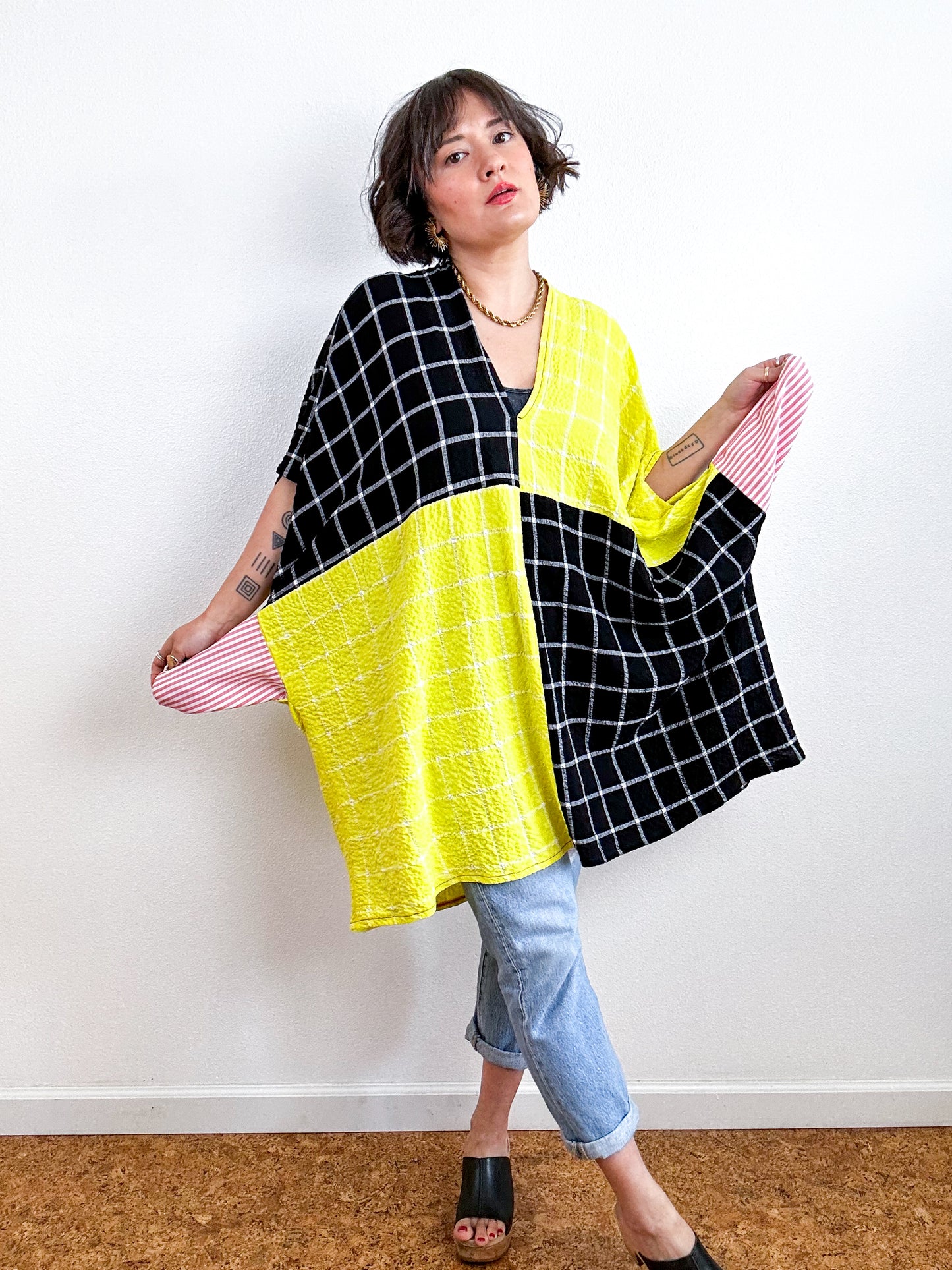 Oversized Windowpane Seersucker Smock Dress Black Citron
