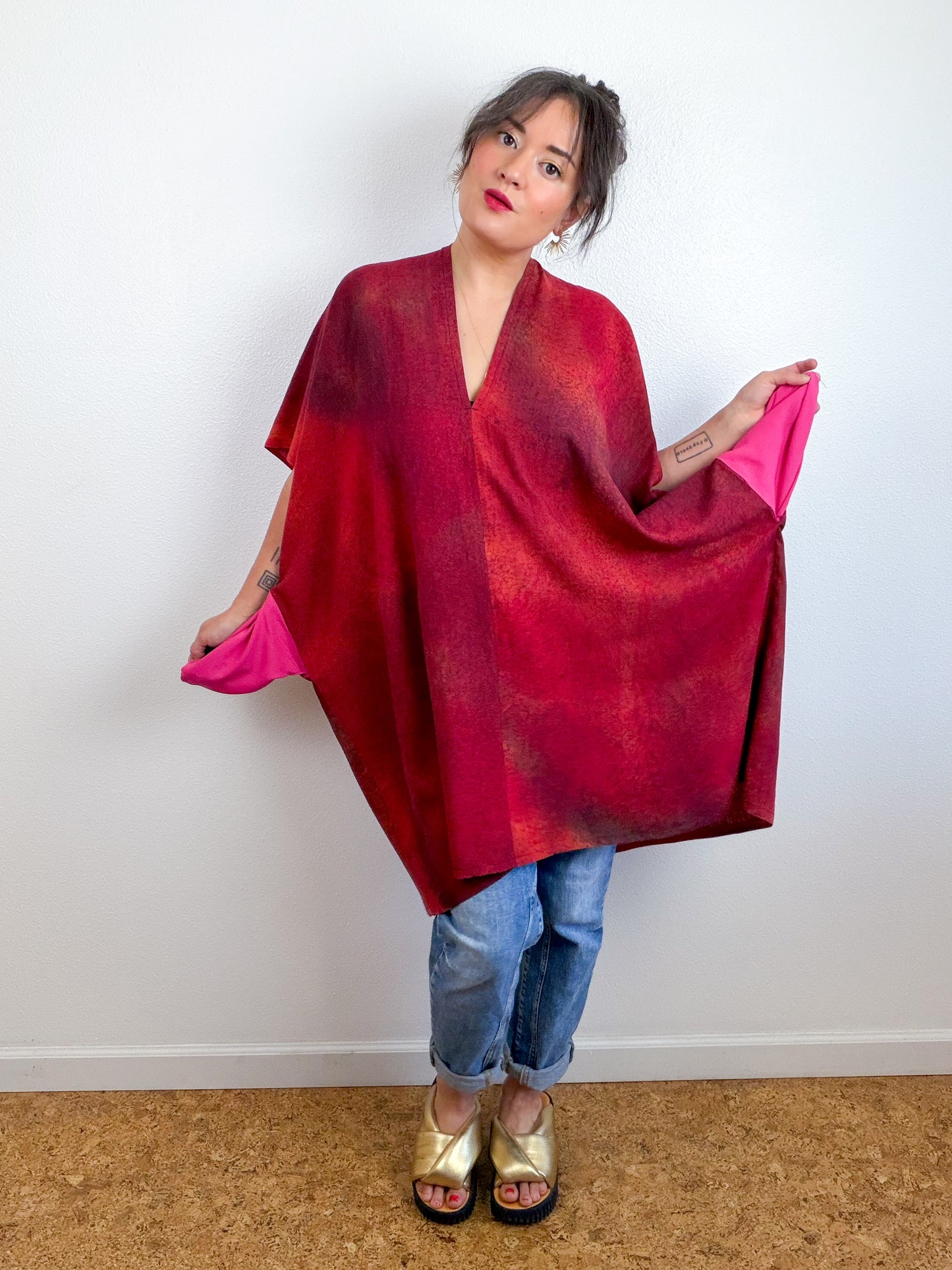 Hand-Dyed Linen Blend Caftan Dress Crimson Fuchsia Maroon Gradient