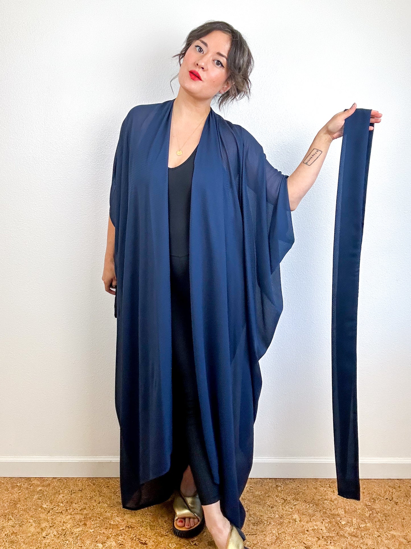 Print High Low Kimono Navy Mini Grid Chiffon