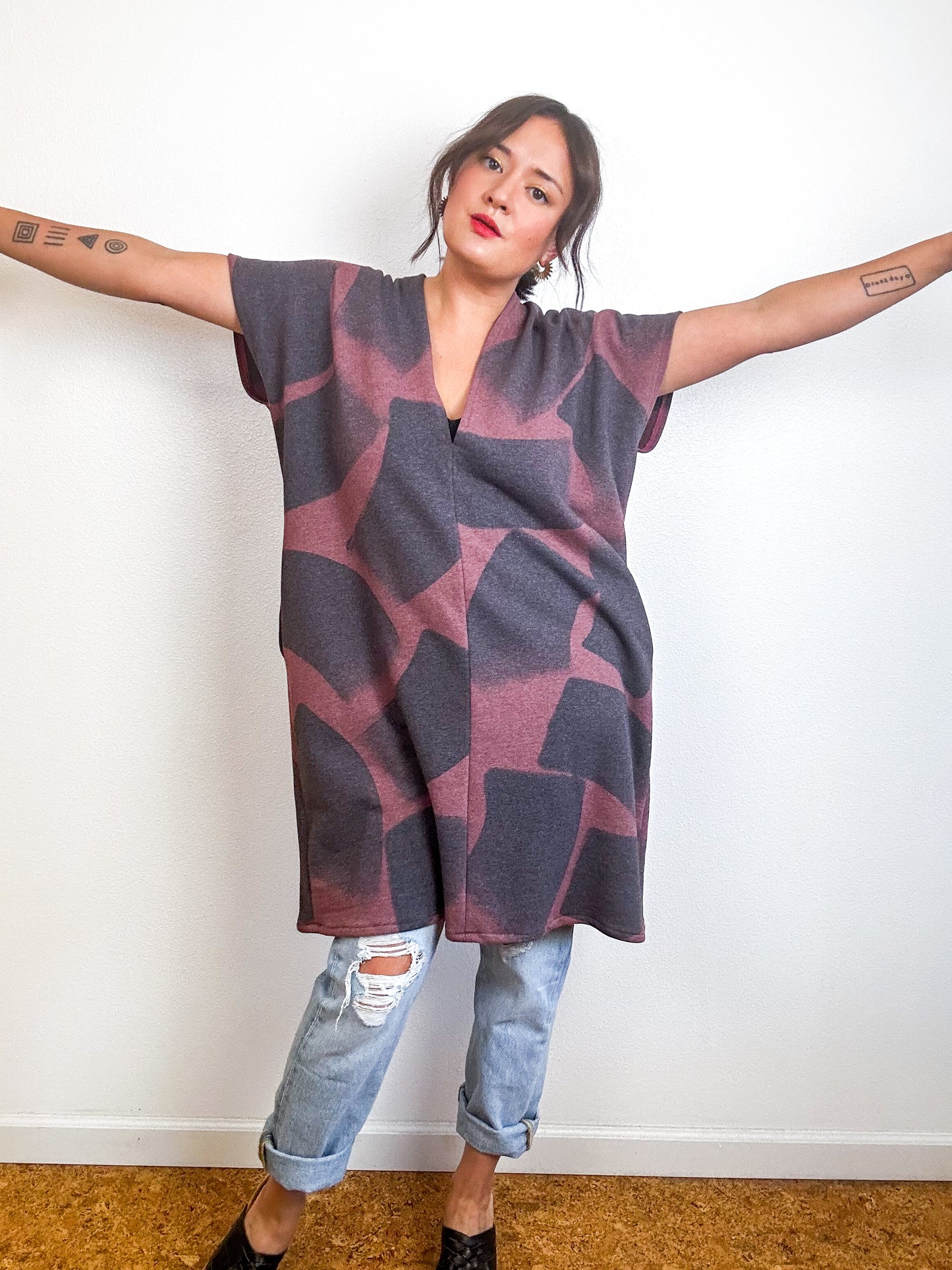 Hand-Dyed Mini Sweatshirt Smock Dress Mauve Brushtrokes
