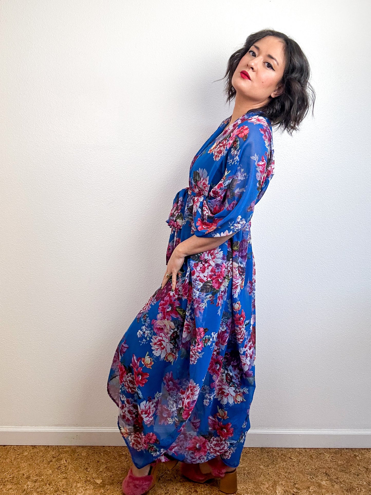 Print High Low Kimono Bright Blue Floral Chiffon