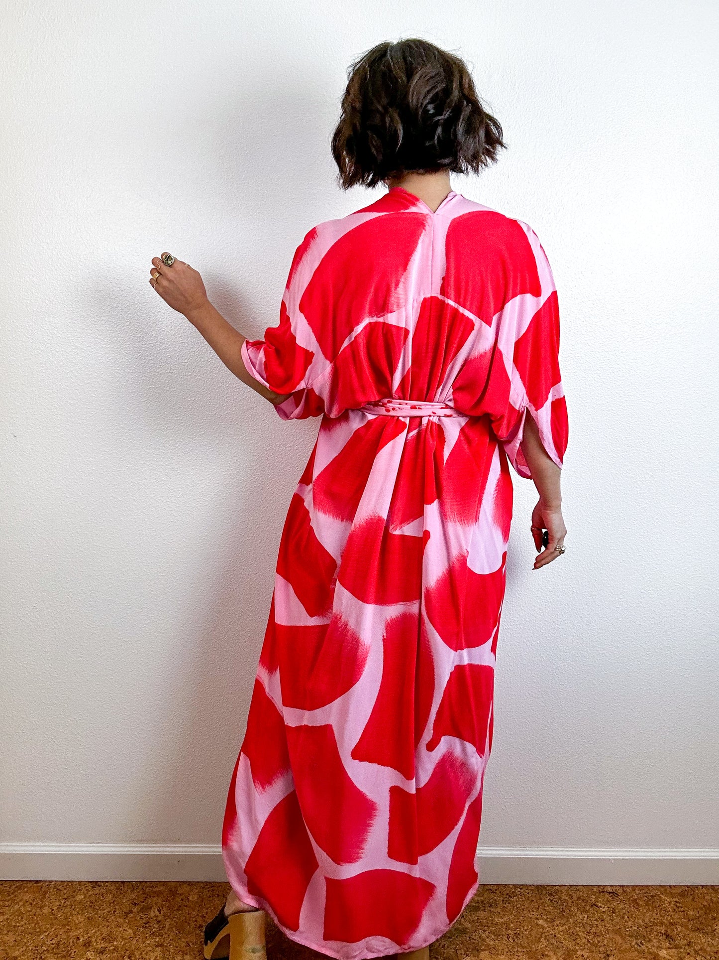 Hand-Dyed High Low Kimono Pink Scarlet Brush