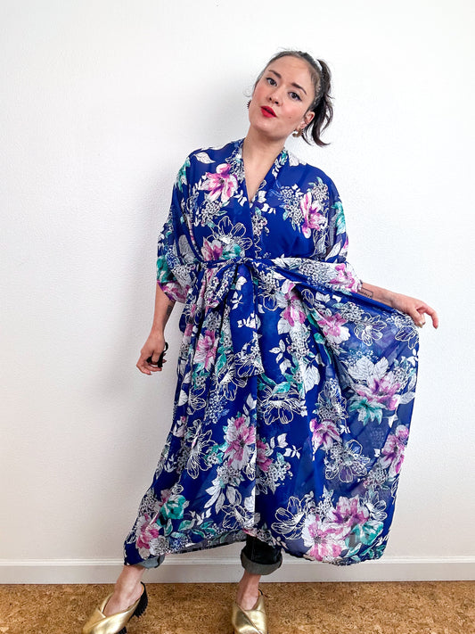 Print High Low Kimono Blue Pink Teal Floral Chiffon