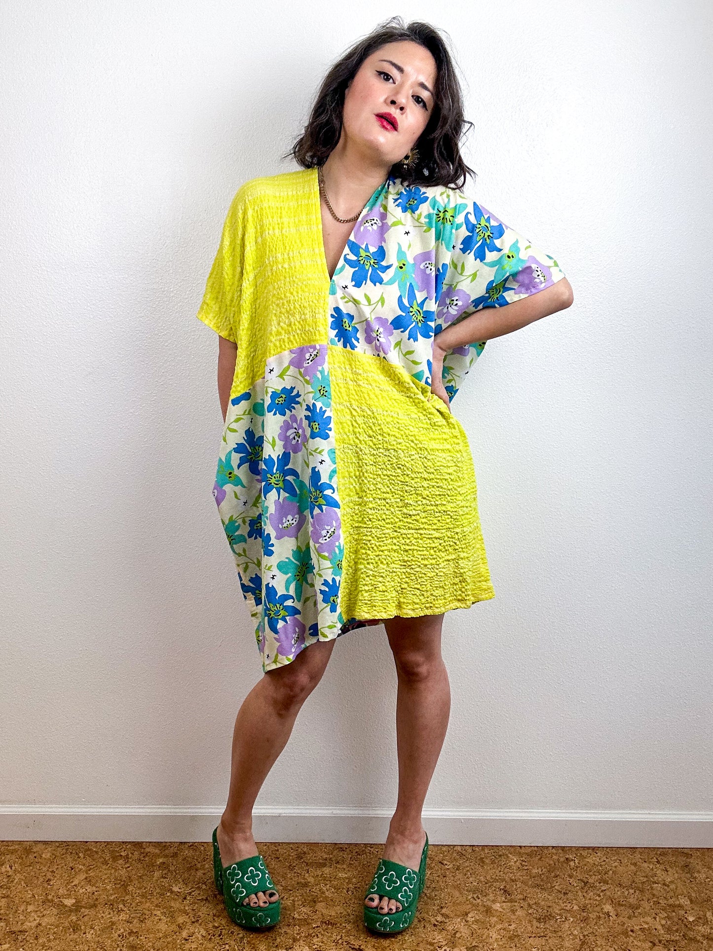 Color Block Mini Caftan Dress Blue Floral Citron Stripe