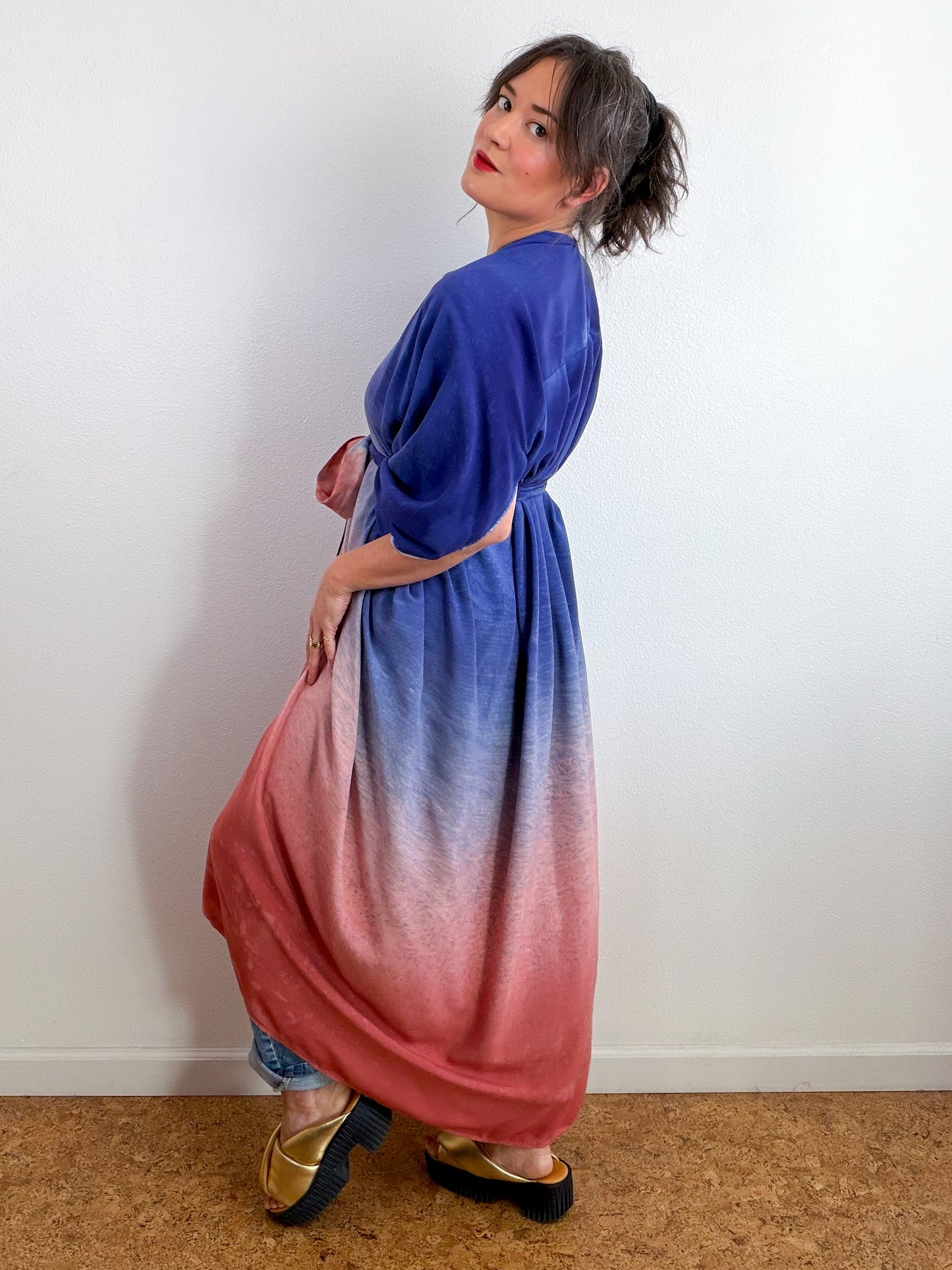 Hand-Dyed High Low Kimono Midnight Blush Terracotta Gradient