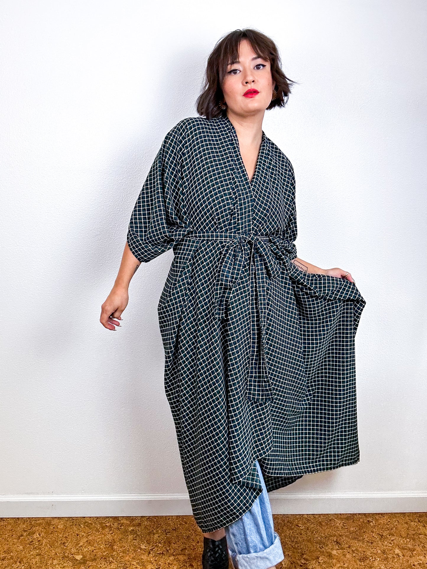 Print High Low Kimono Dark Green Check Georgette